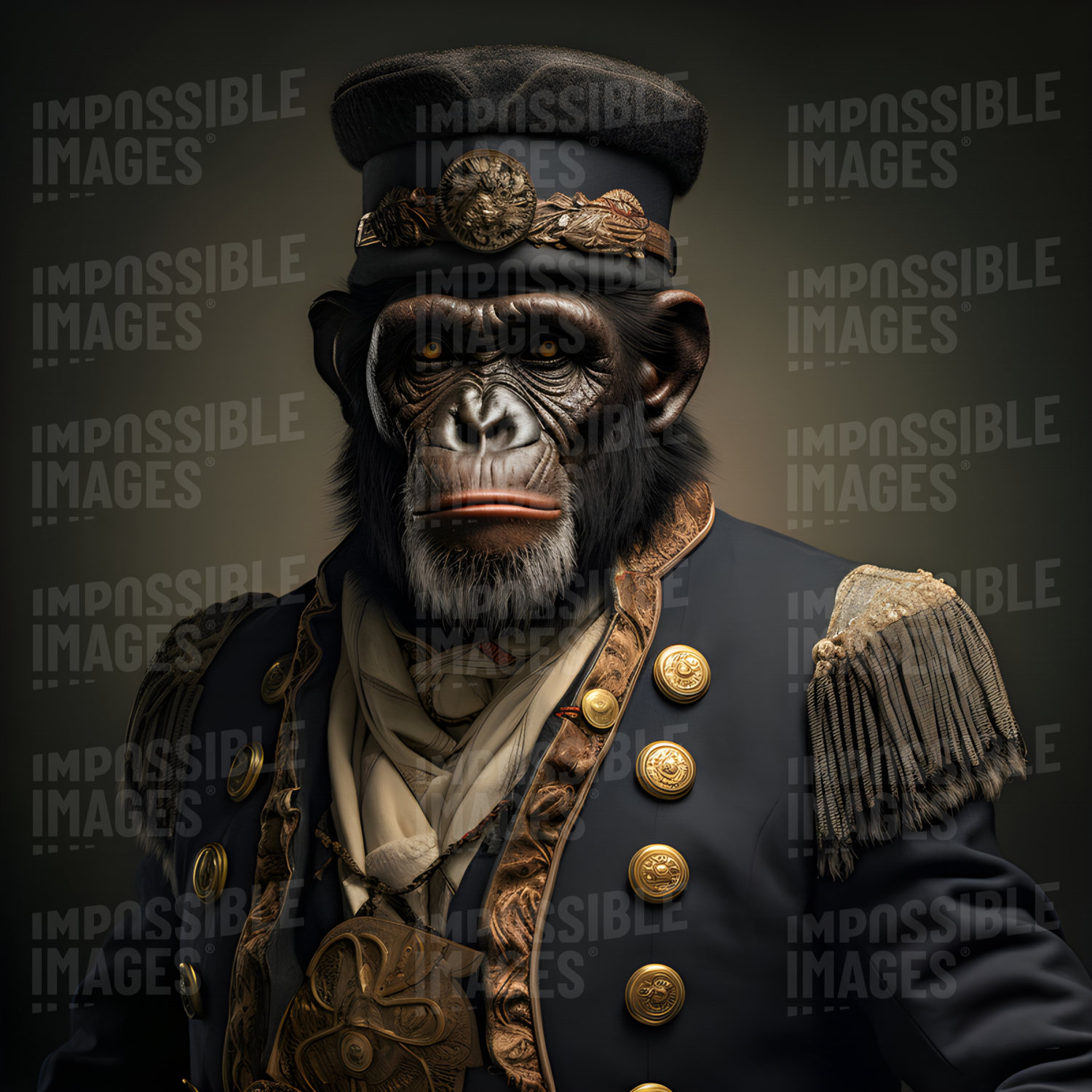 Portrait of a chimpanee in Victorian-style military uniform -  A portrait of a chimpanzee wearing a Victorian-style military uniform, complete with a hat, epaulettes, and a sash.