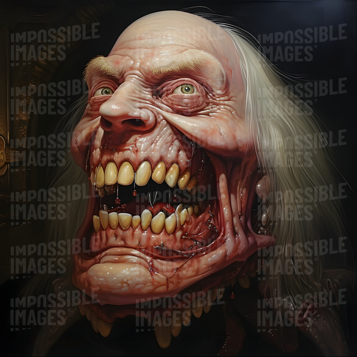 Horrific portrait of a nightmarish man with a grinning mouth full of large sharp teeth - 