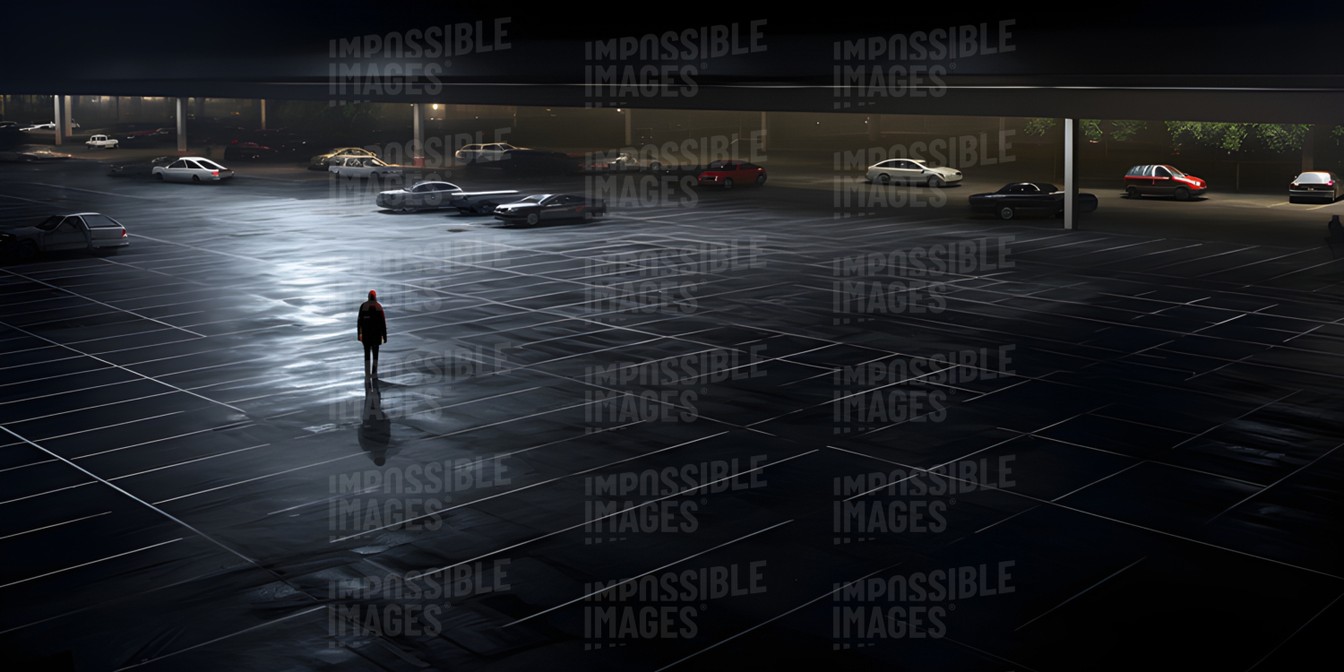 A lone figure walks through a deserted car park at night