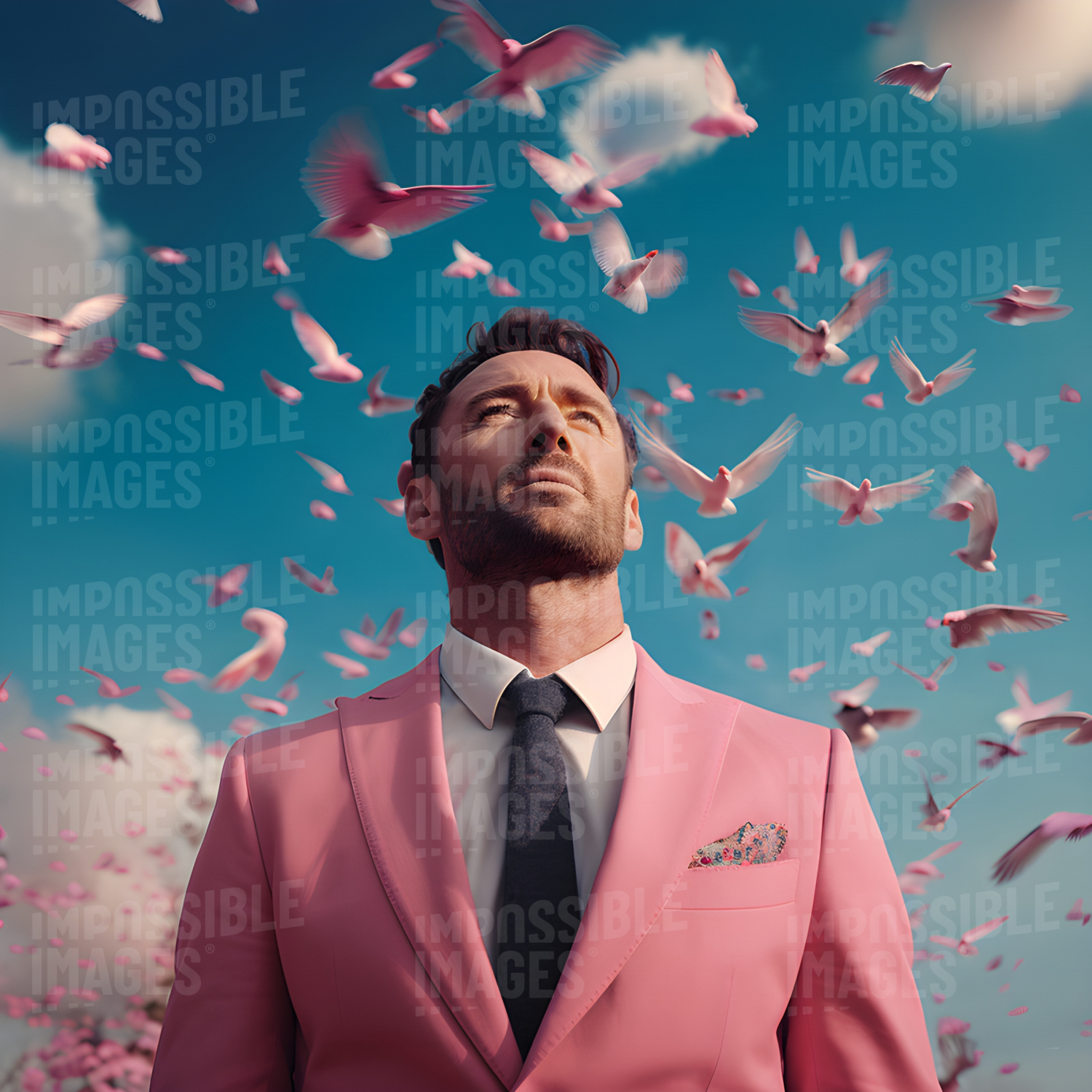 Man in pink suit looking into a sky filled with twitting birds