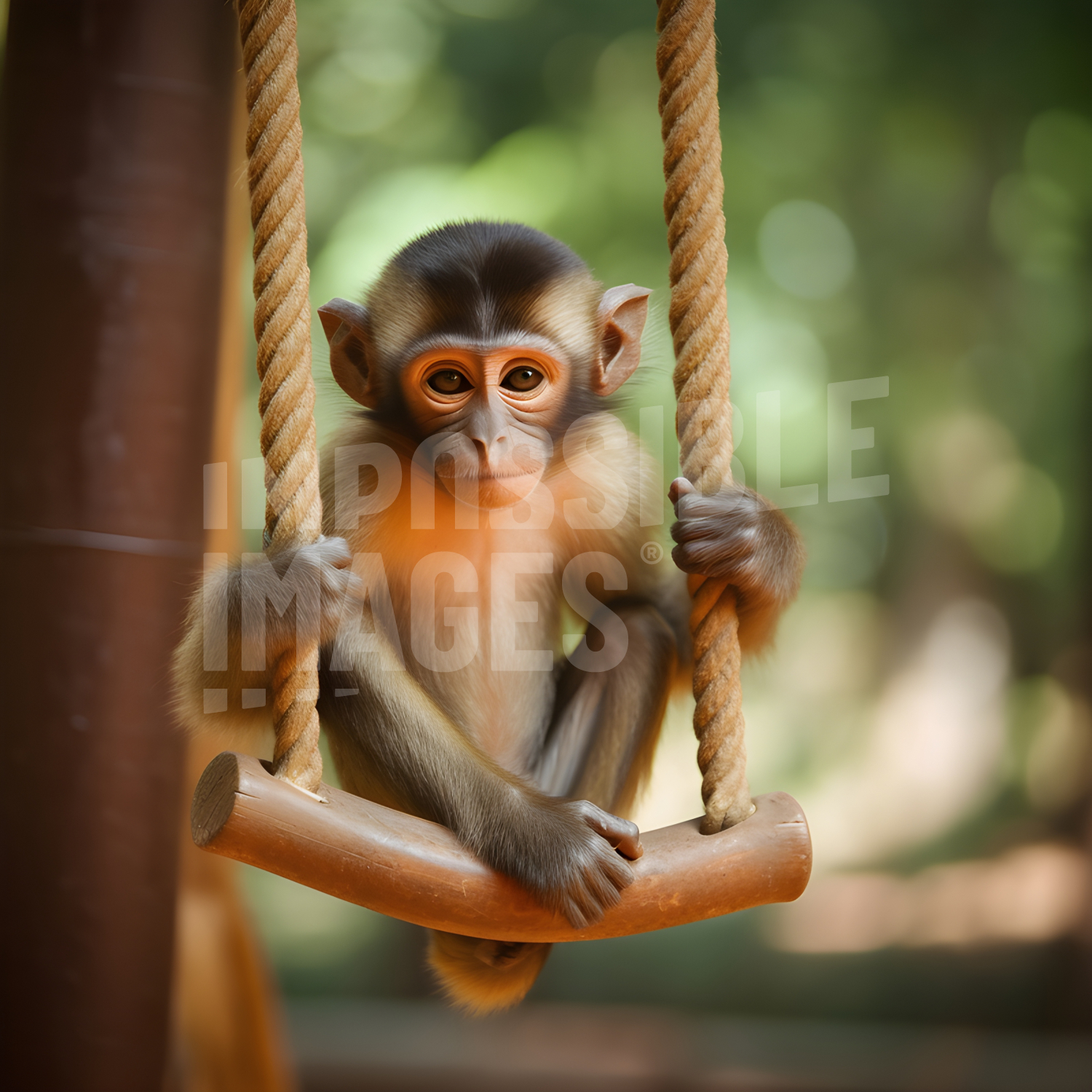 A small monkey is sitting on a rope