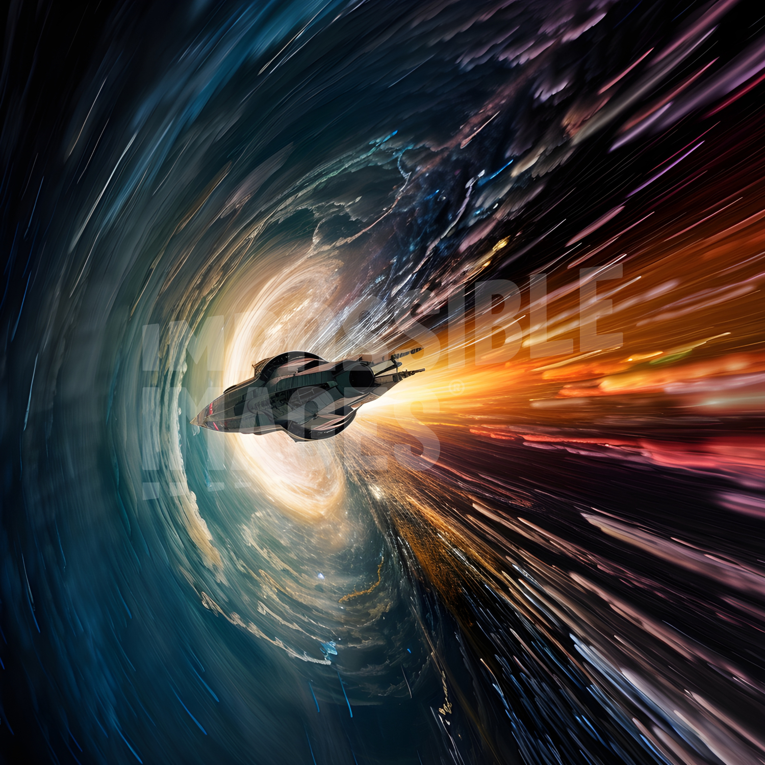 A space ship traveling through a vortex of light