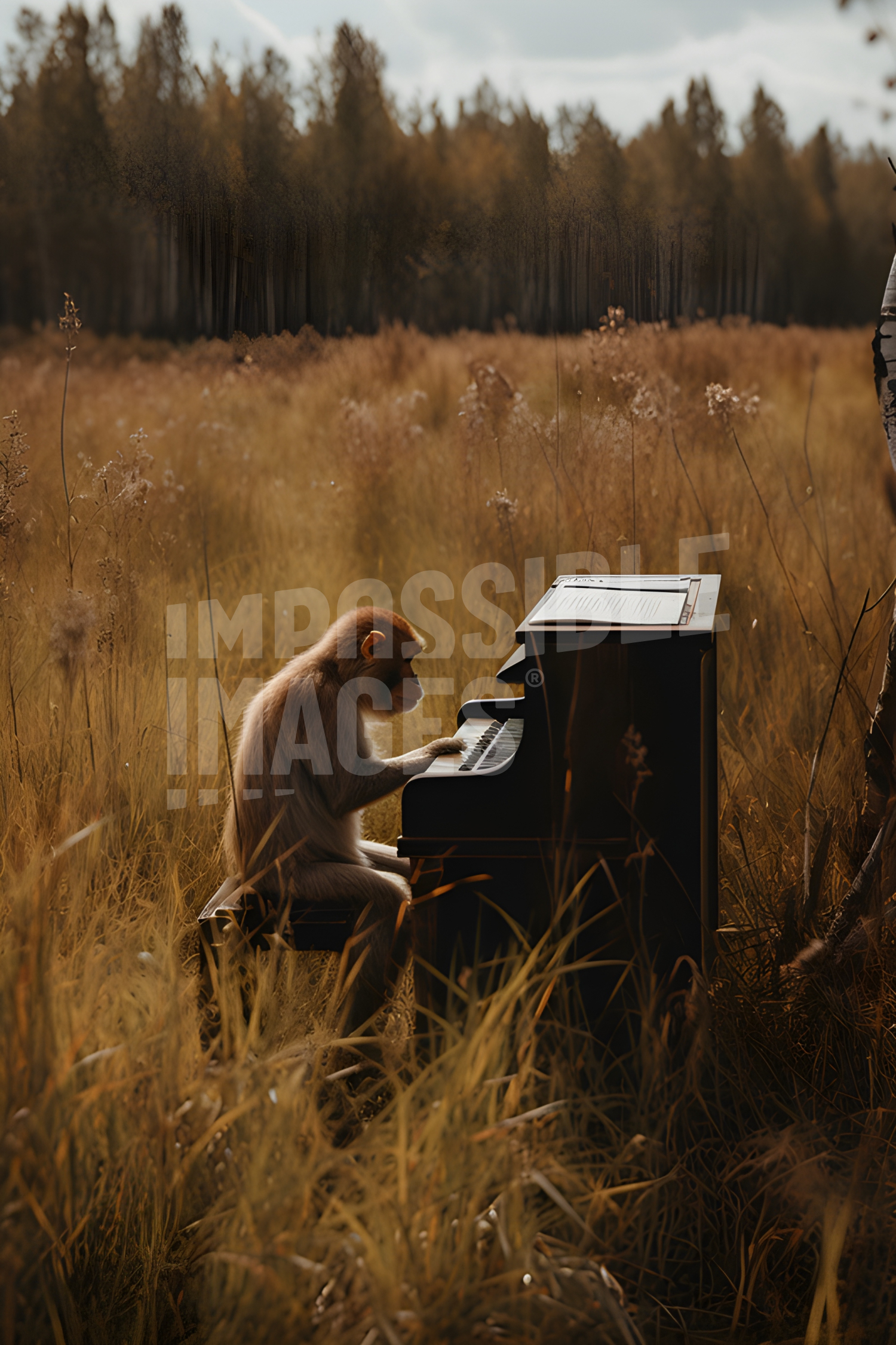 A monkey sitting at a piano in a field