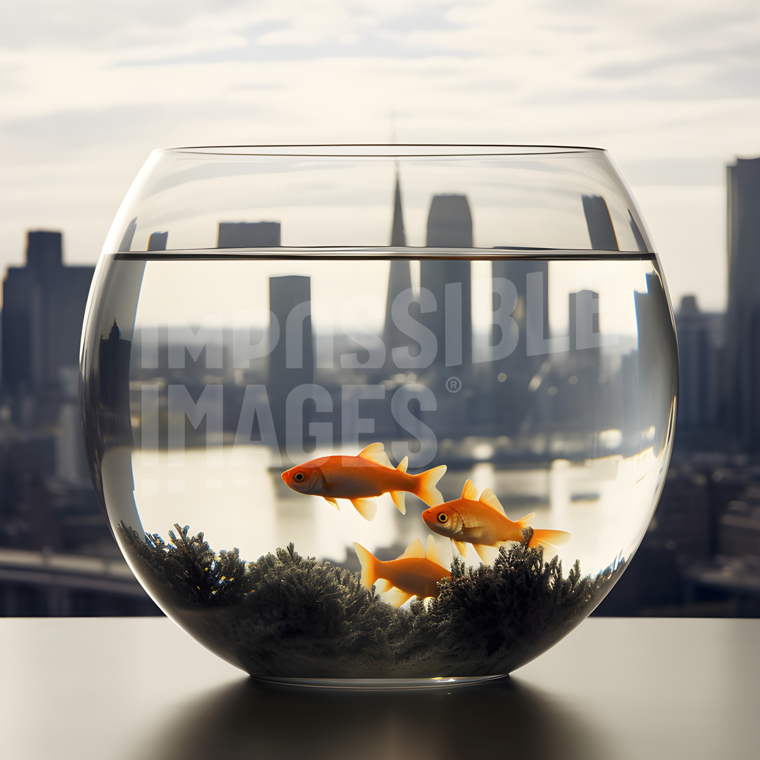 A fish bowl filled with goldfish in front of a cityscape - 