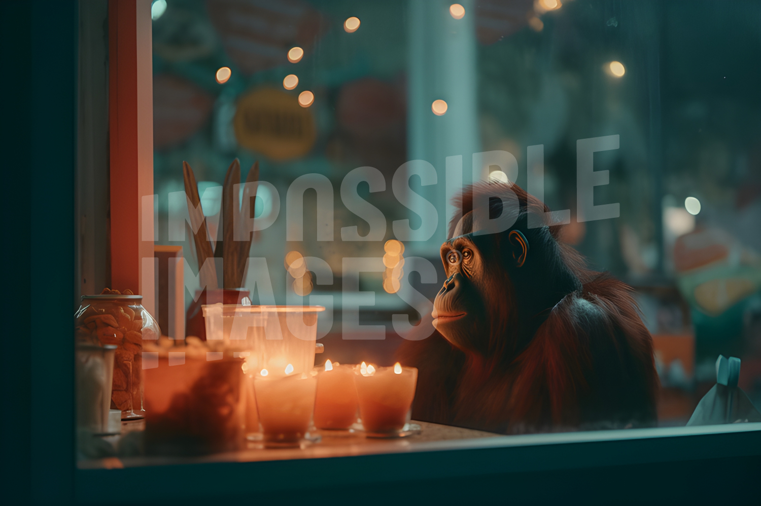 A monkey sitting in front of a window next to candles