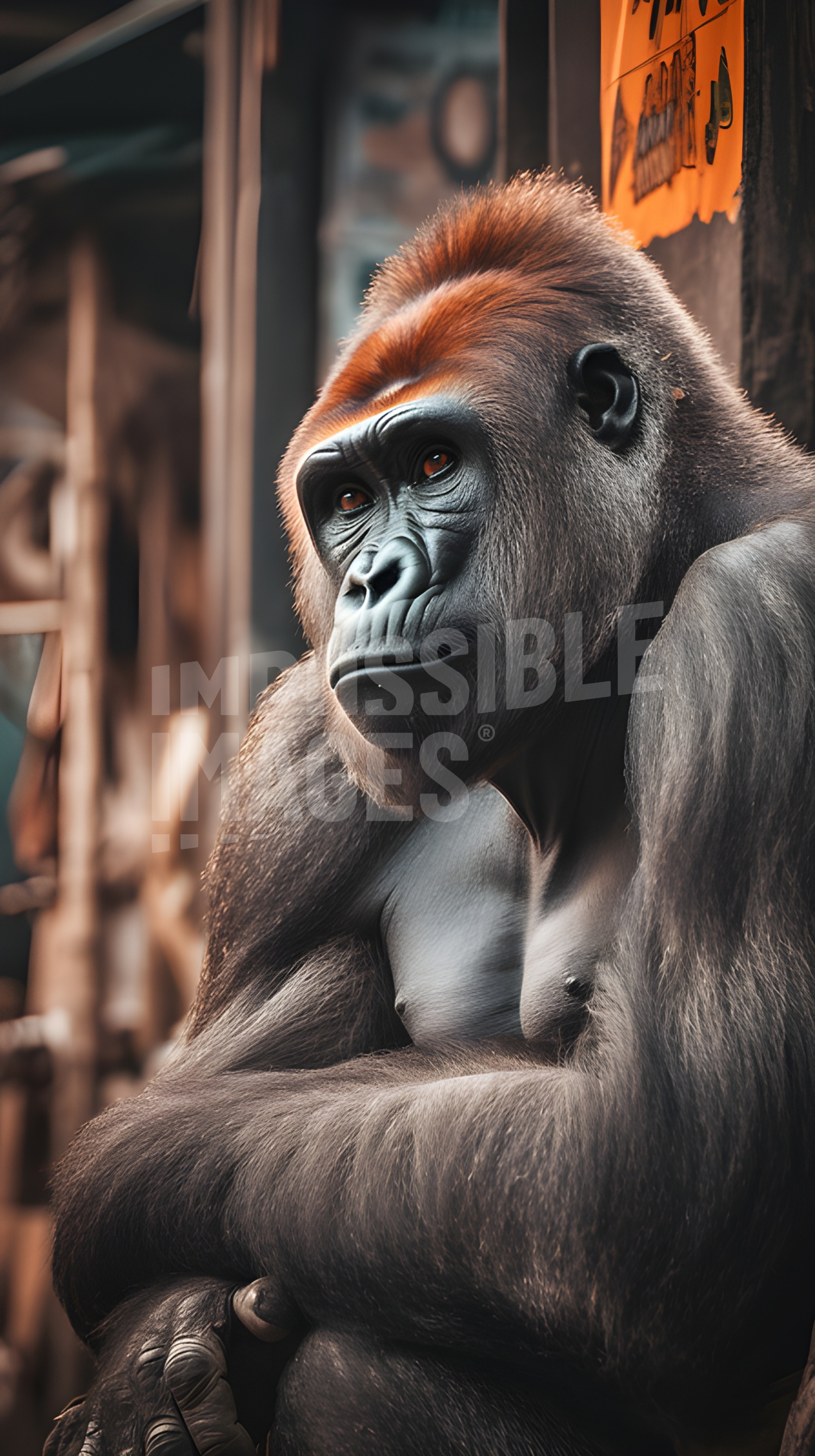 A gorilla sitting on top of a wooden table