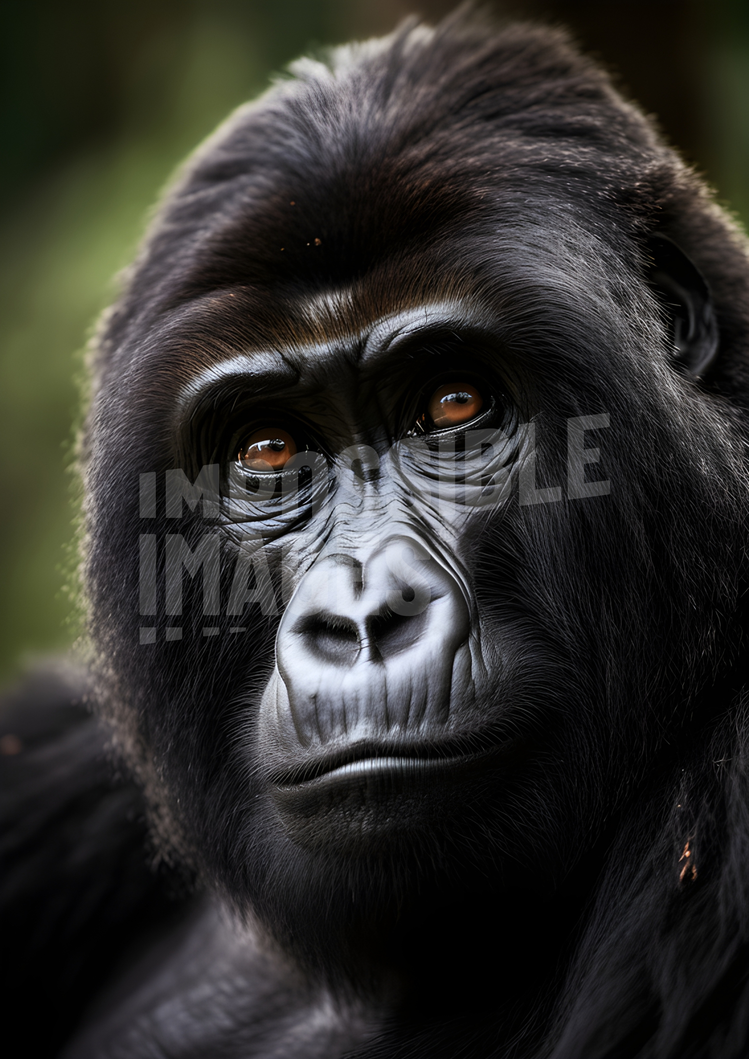 A close up of a black gorilla face