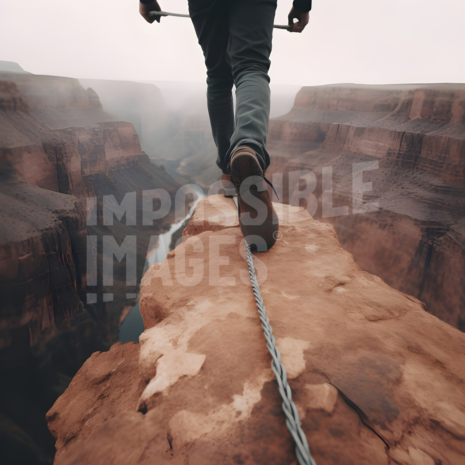 A man walking along a rope on top of a cliff