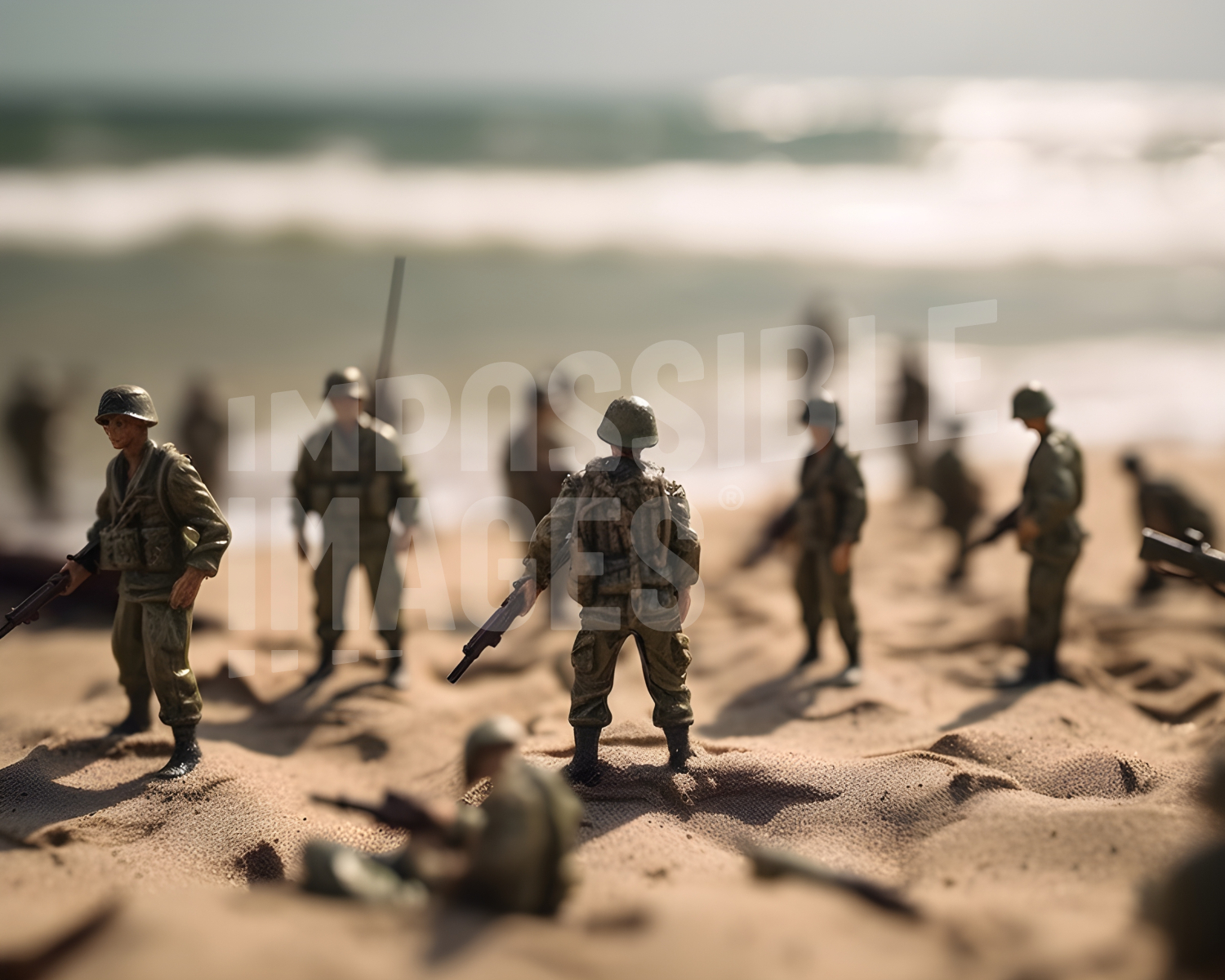 A group of toy soldiers standing on top of a sandy beach