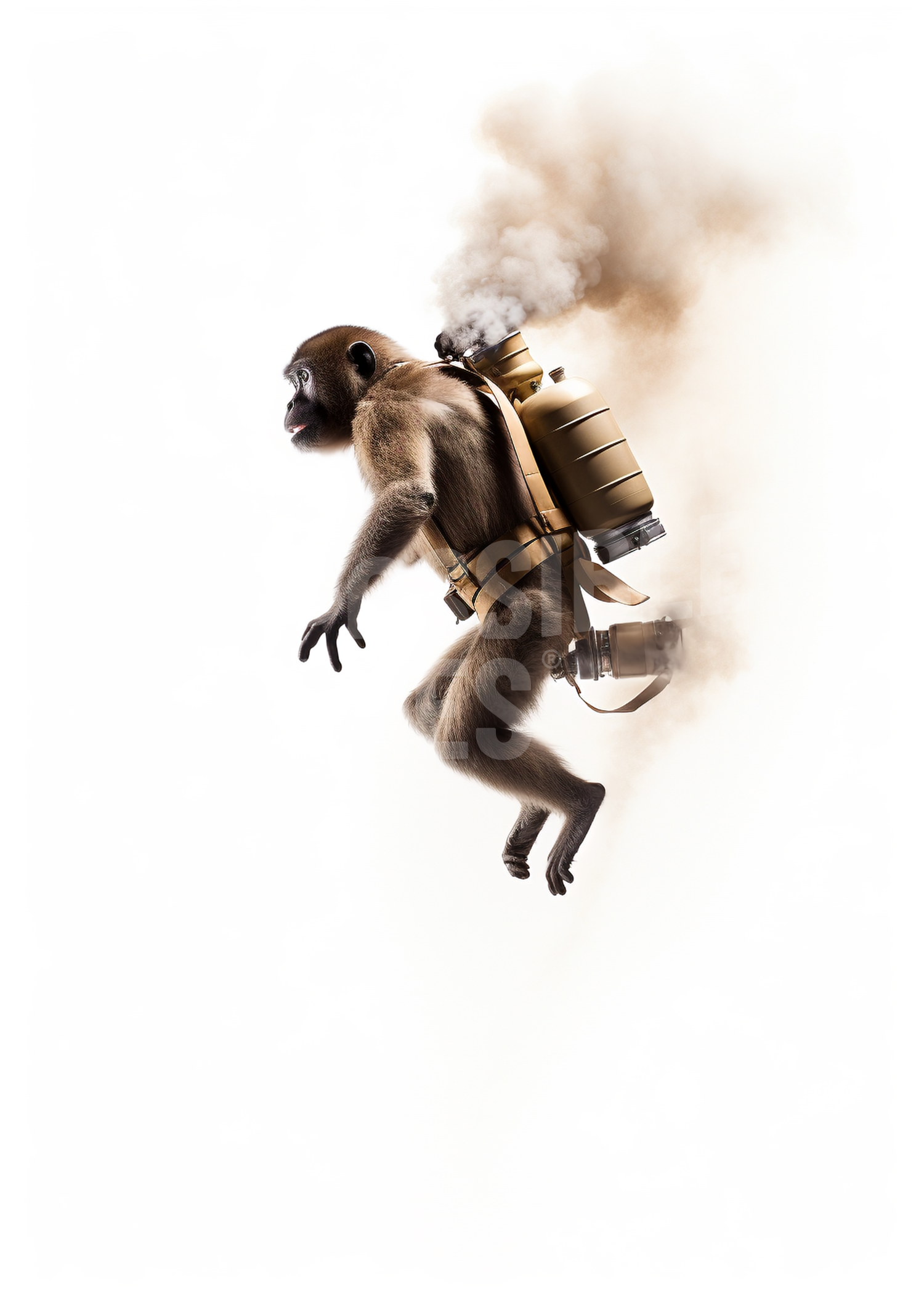 A monkey with a backpack is flying through the air