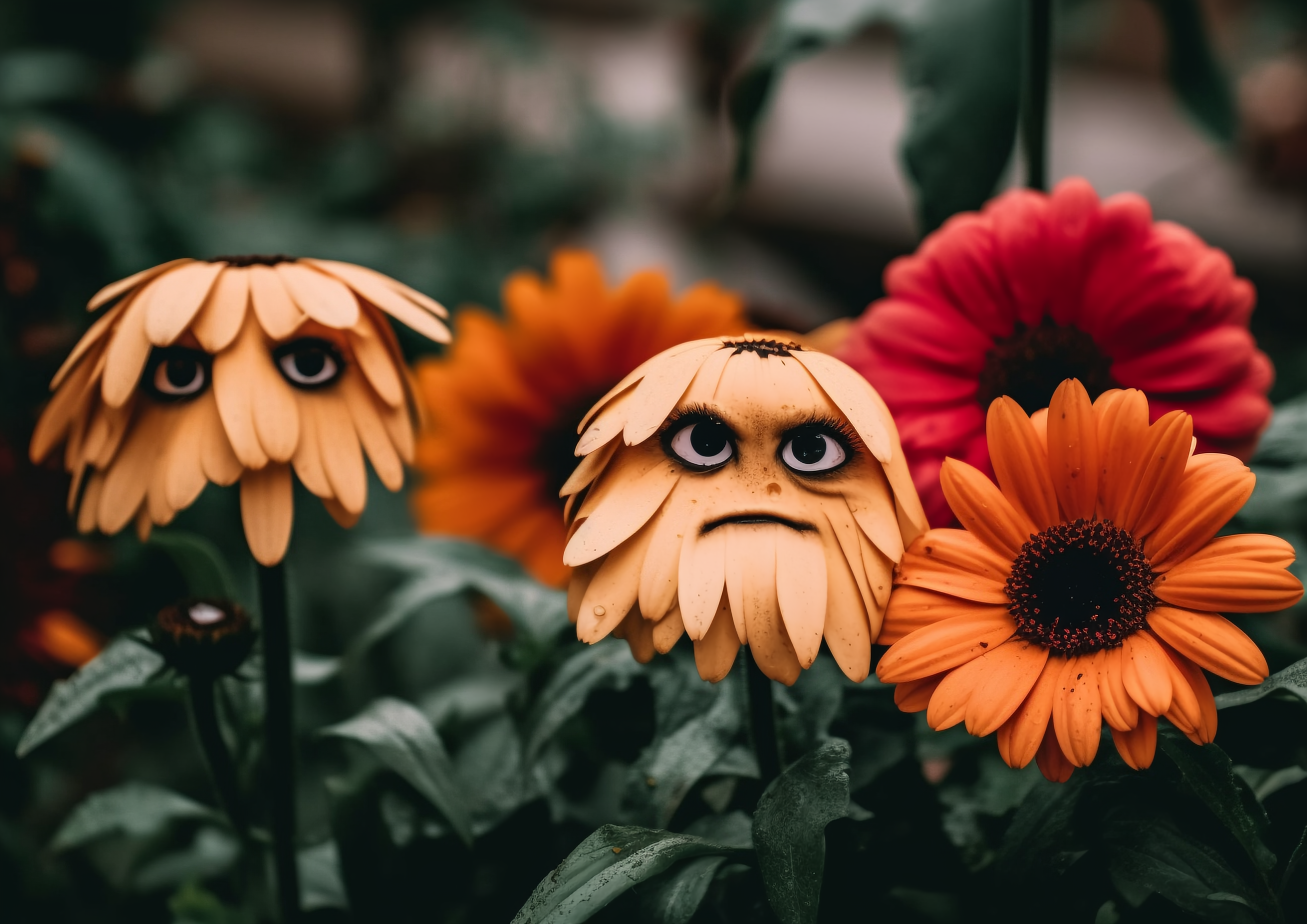 A group of fake flowers with faces on them - 