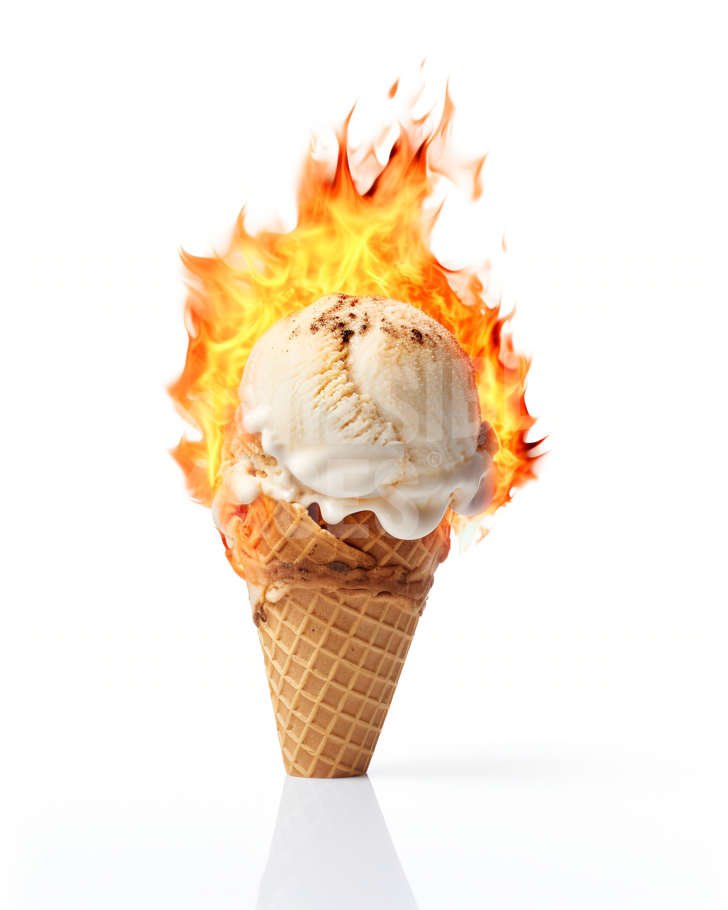 An ice cream cone on fire on a white background