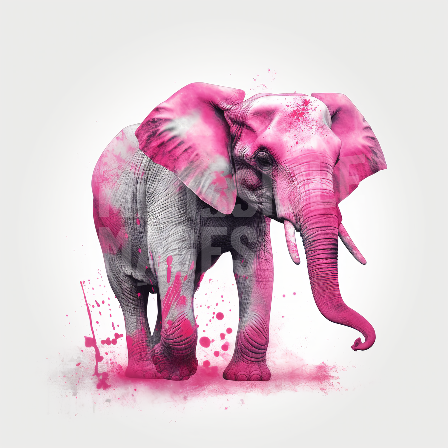 A pink elephant standing in front of a white background