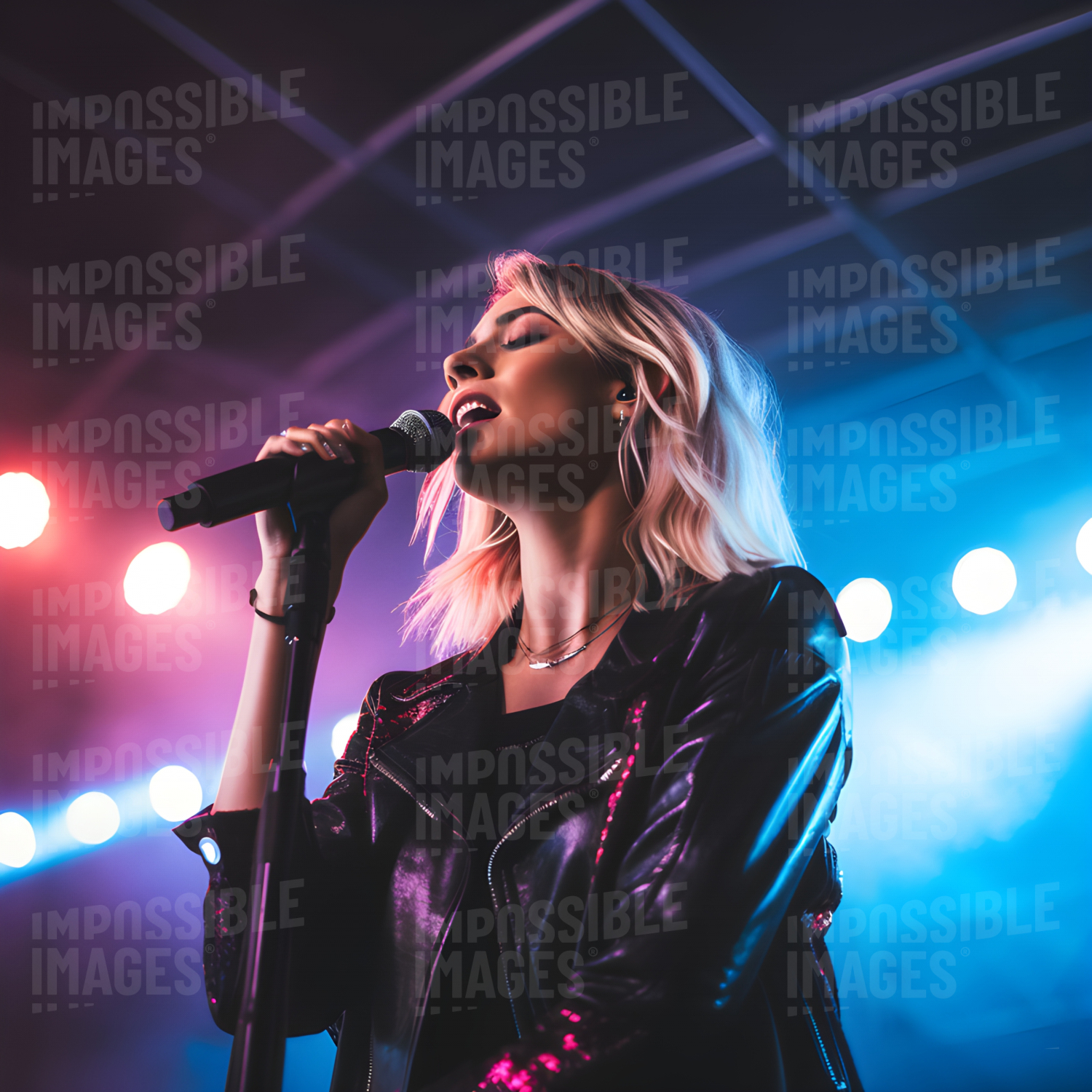 Young female pop star performing on stage -  Young female pop star performing on stage, singing and dancing to her hit songs, captivating the audience with her energy and charisma.