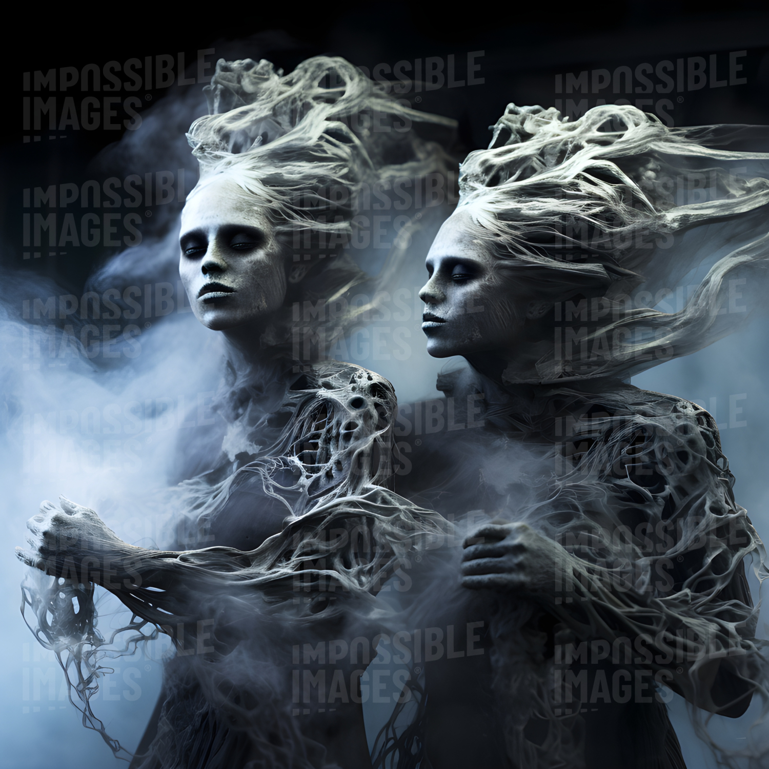 Surreal duo of women made of smoke tendrils - 