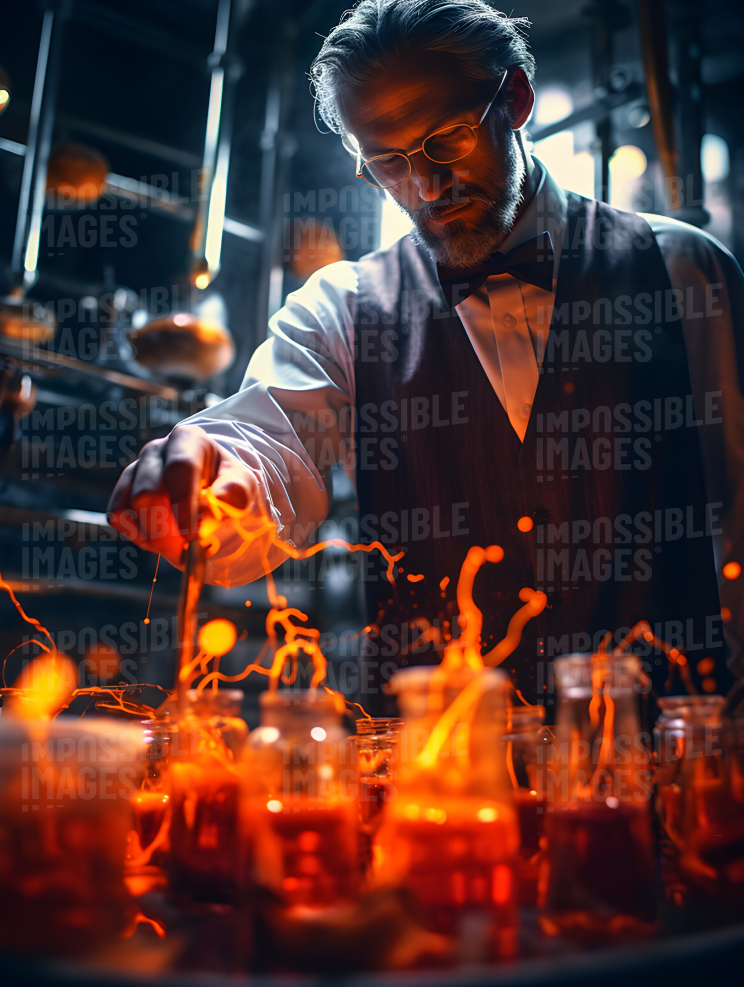 Professor creating experiment with orange liquids in beakers