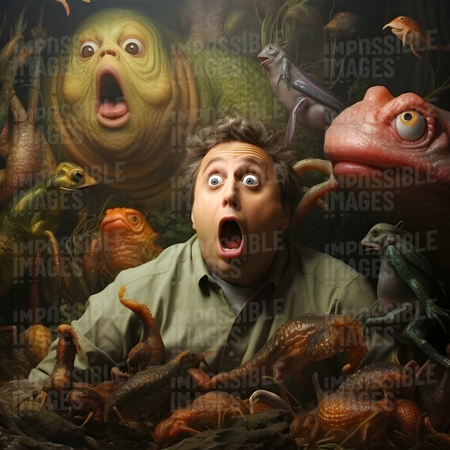A man surrounded by bizarre reptillian creatures; they are all looking at something off camera in shock and horror - 