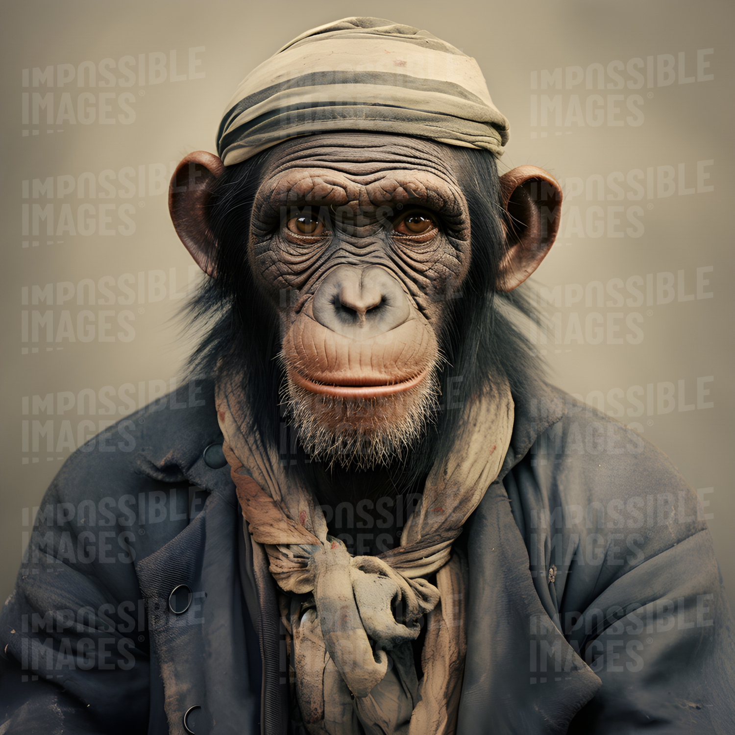 Portrait of a chimpanzee in Victorian-style labourer’s clothes - 