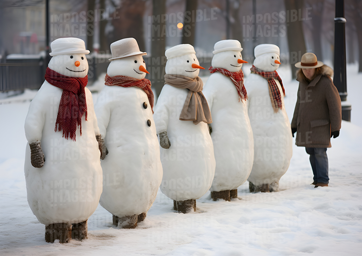 Snowmen lineup with a woman in the park