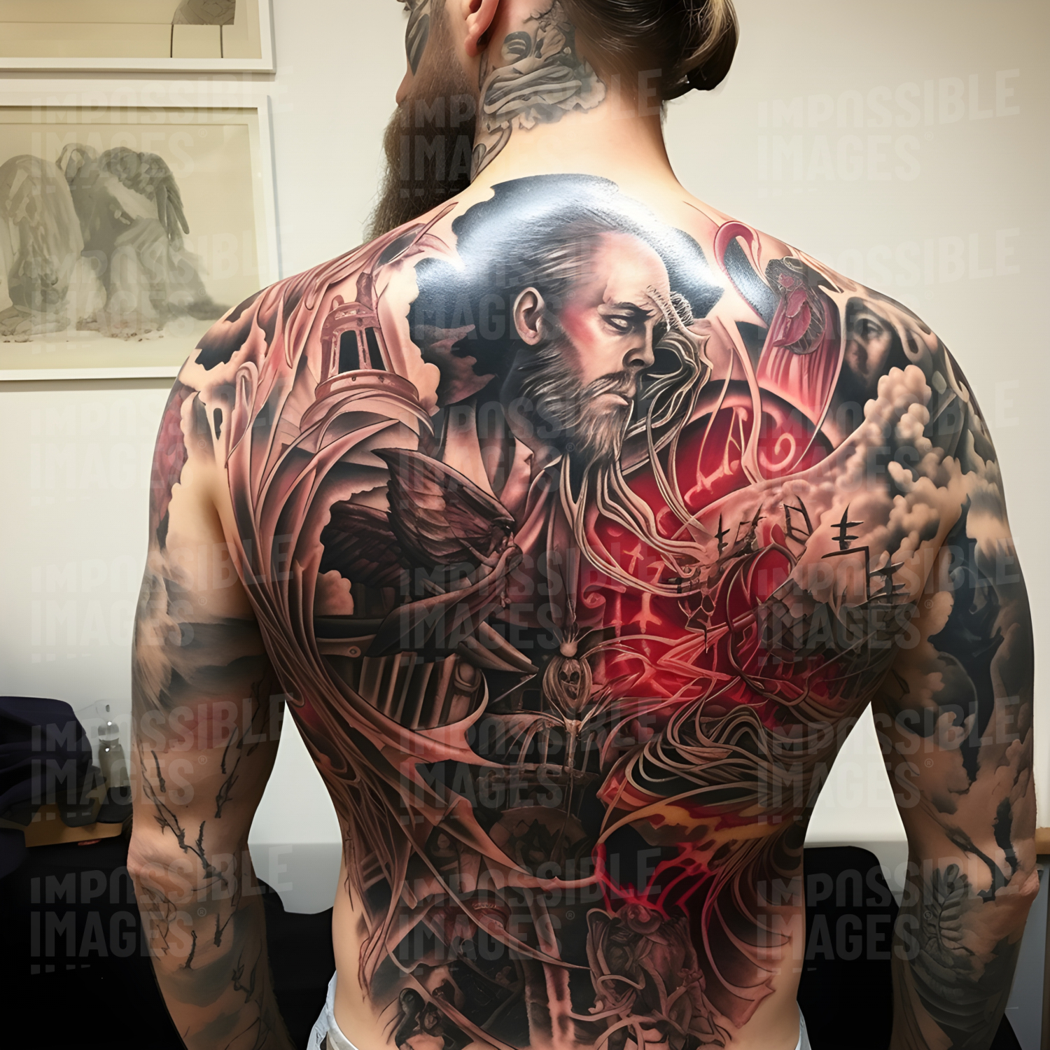 Super intricate tattoo covering a man's back