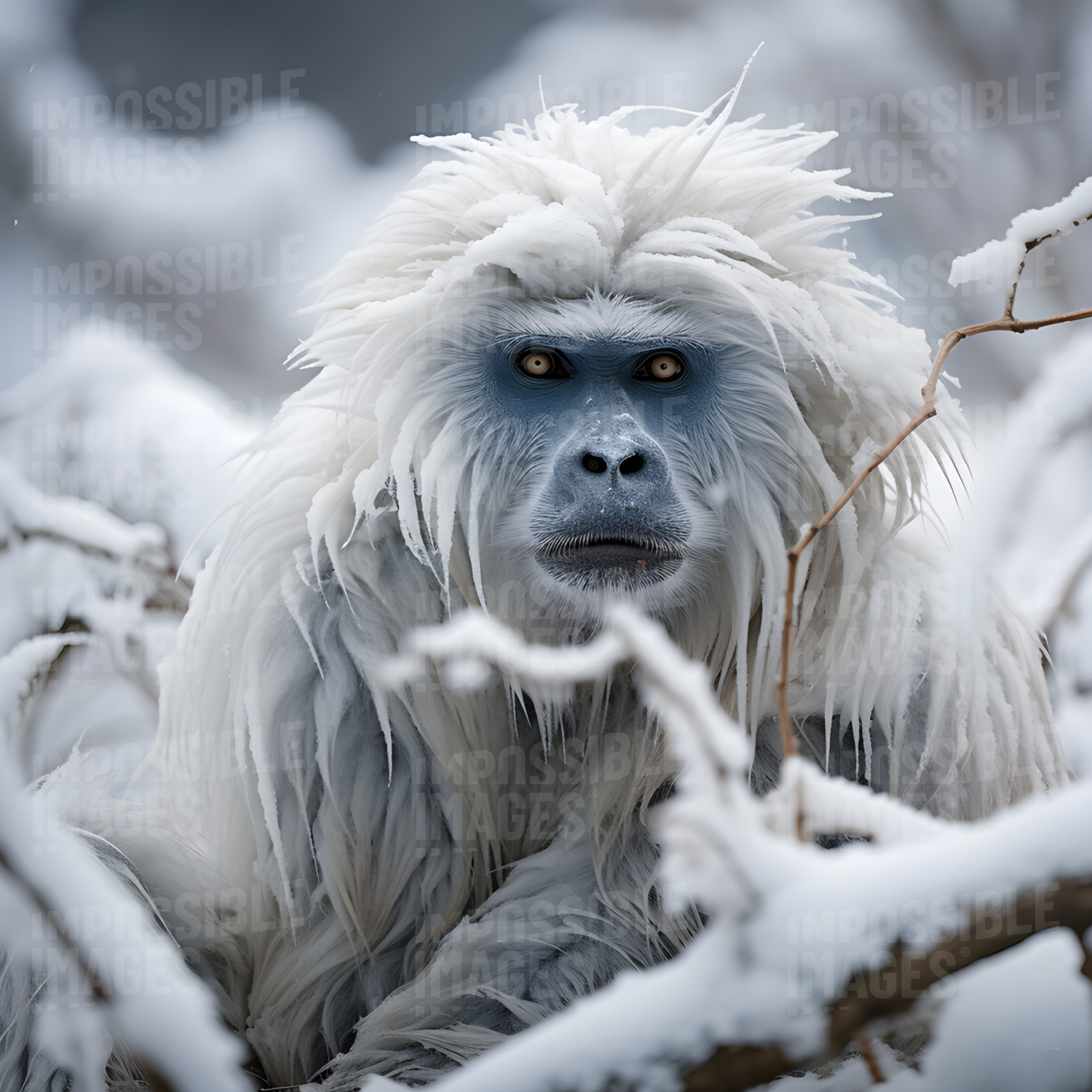 Curious yeti with a blue monkey-like face and frost-matted fur