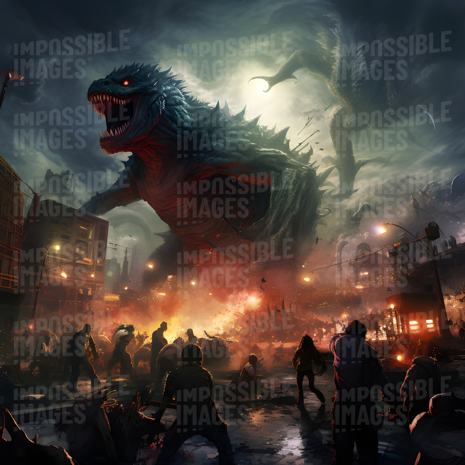 Concept art of a kaiju attacking a town in flames with a horde of zombies on the street