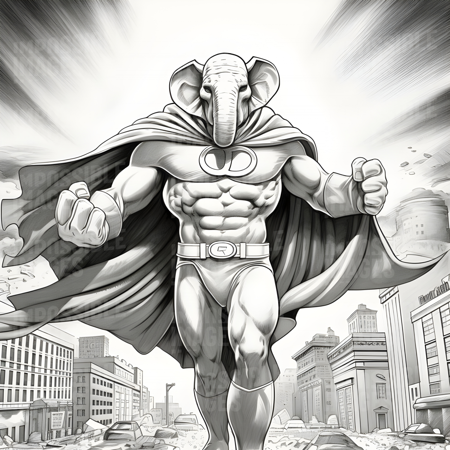 The Incredible Elephant-Man - a black and white comic book illustration of a superhero with the head of an elephant