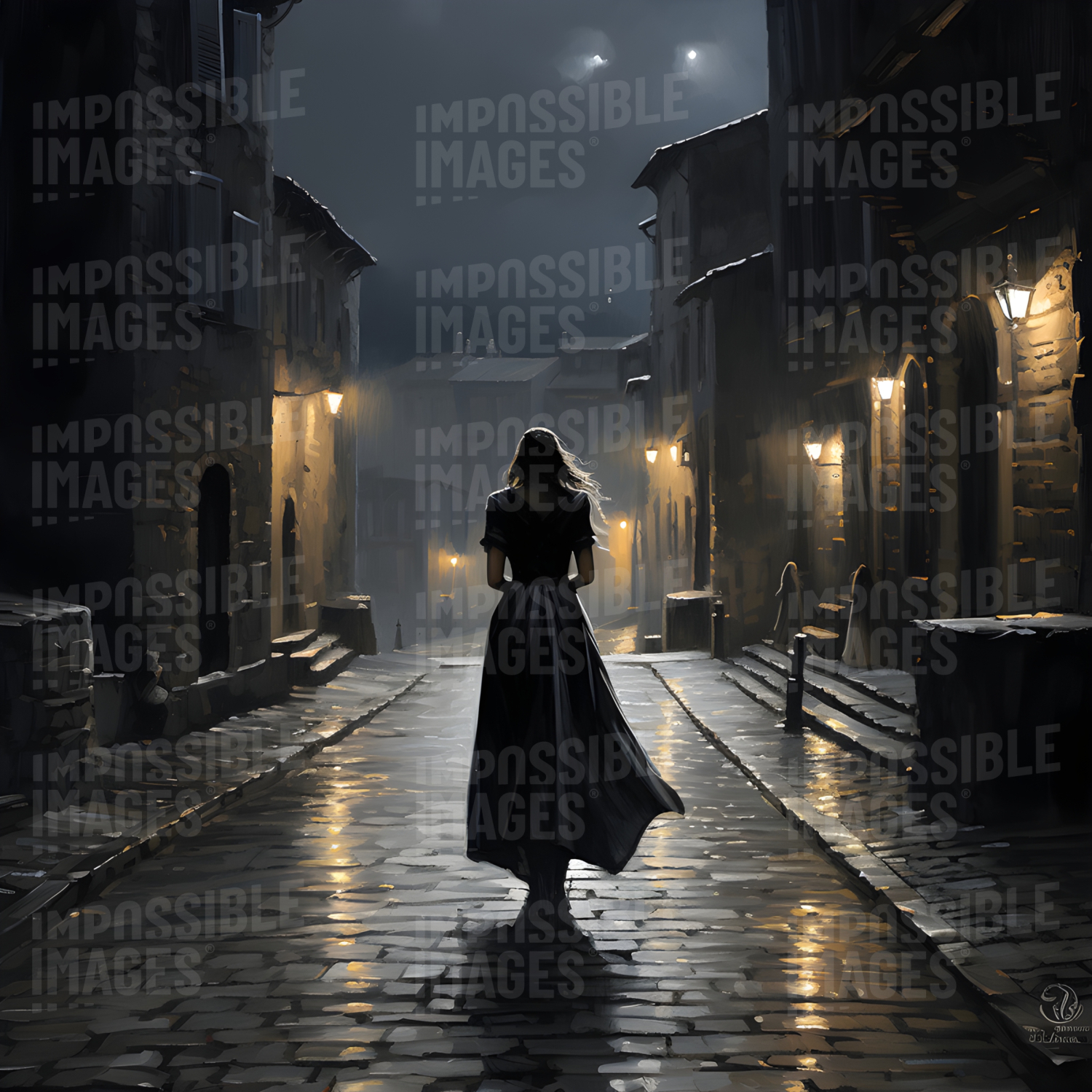 A woman at night on a dimly lit street - 