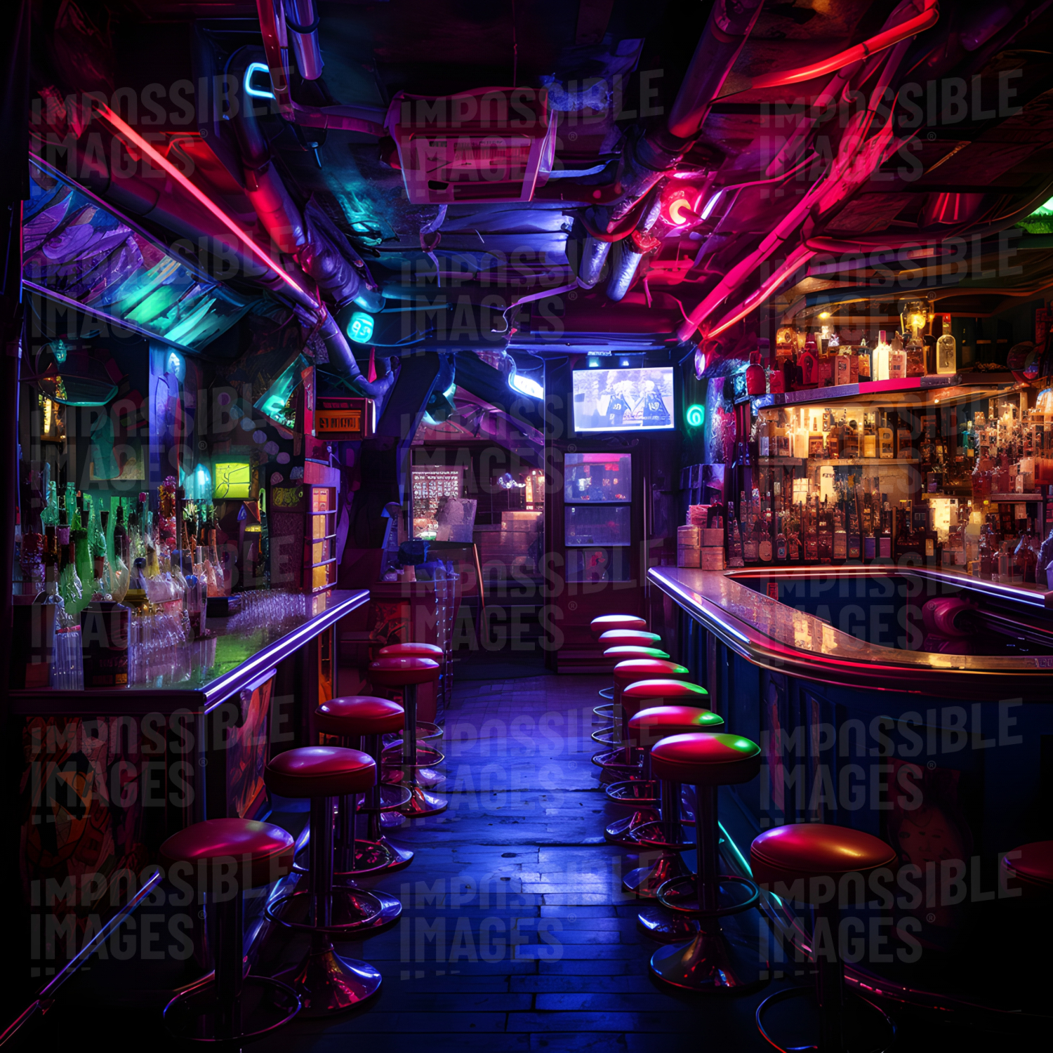 Futuristic dive bar -  A dive bar in the future, with neon lights, modern technology, and a unique atmosphere that will make you feel like you're in a different world.