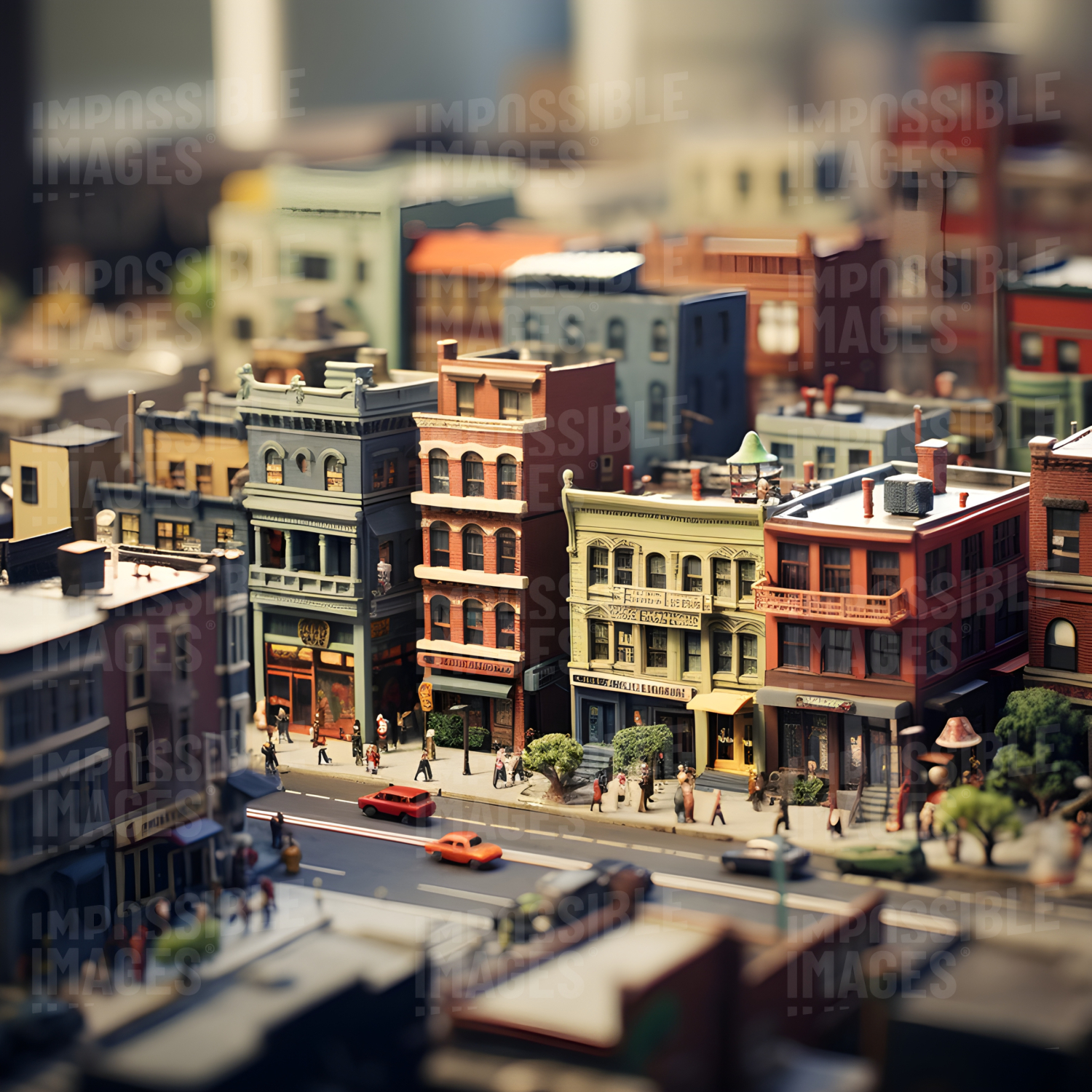 Model of a busy mid twentieth century city street
