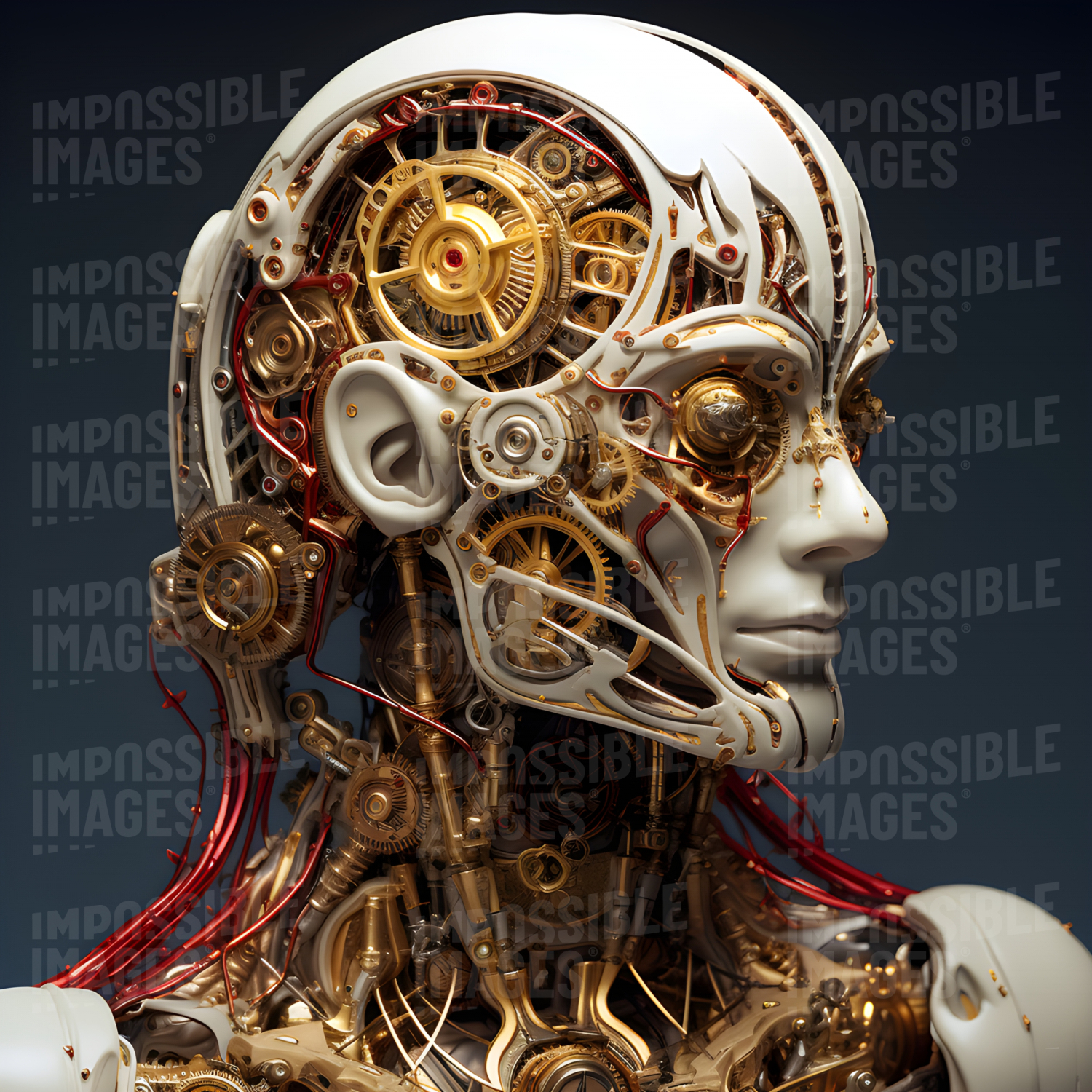 Ornate model of a stylised human head with complex clockwork inside