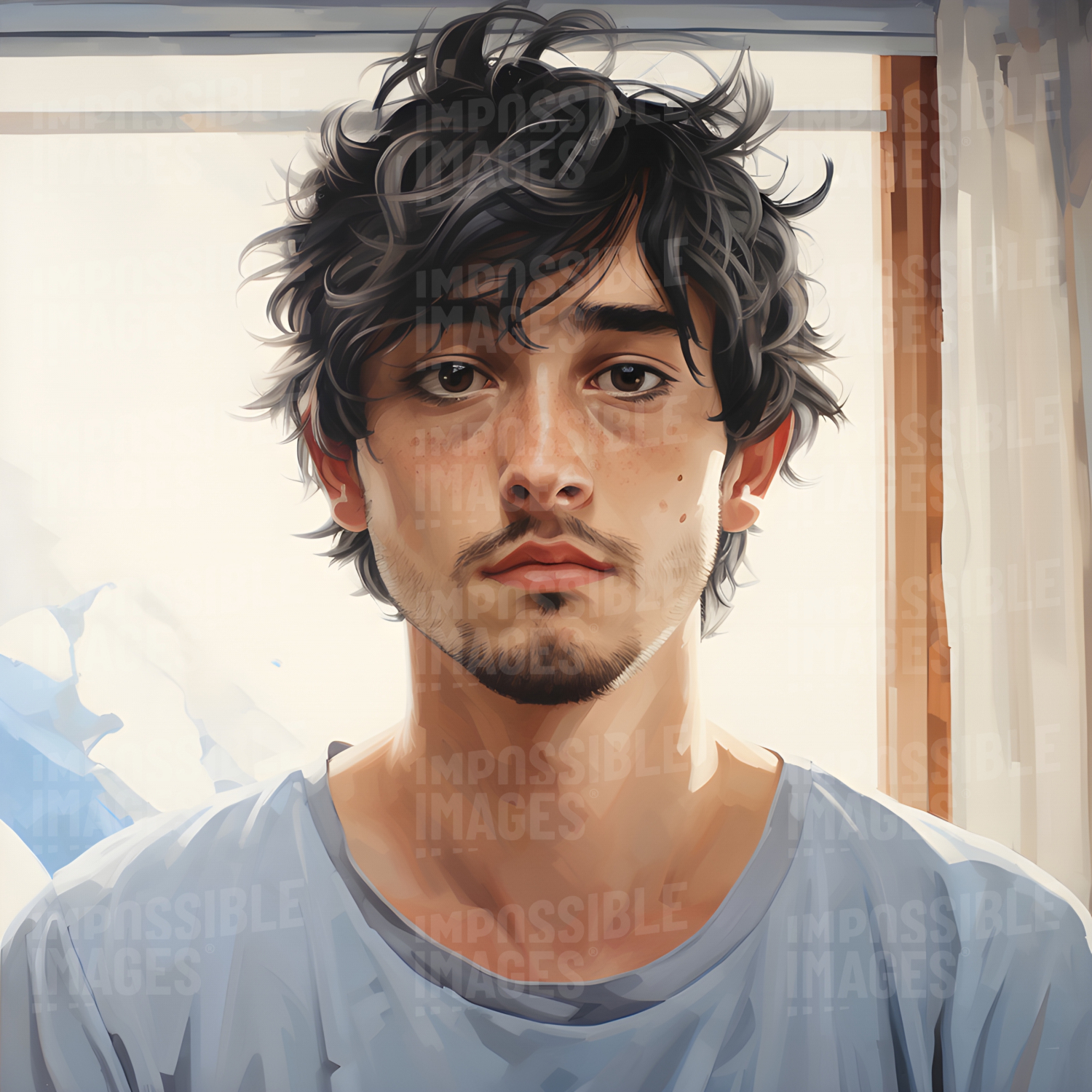 Striking painted portrait of a young man with dark messy hair