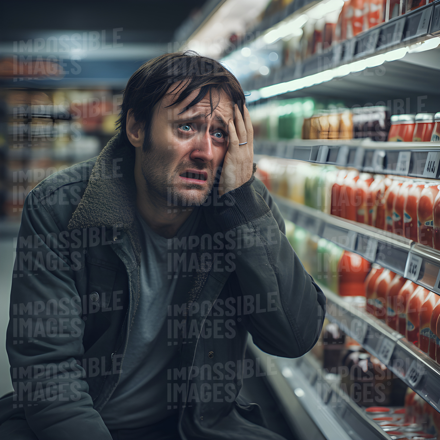 A man in a supermarket despairing over the cost of living crisis