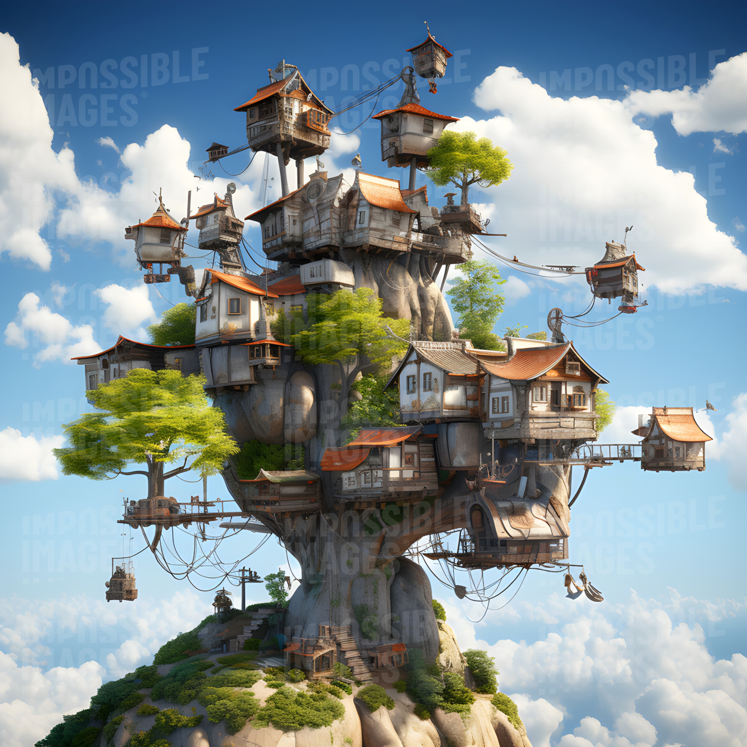 Fantasy mountaintop village made of treehouses