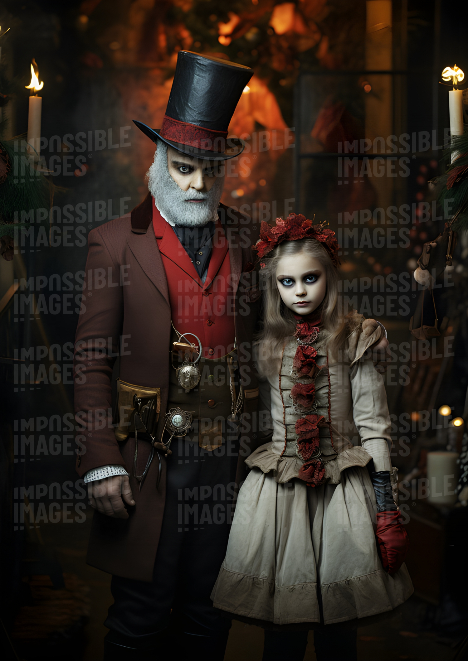 A man and young girl wearing Christmas Halloween costumes