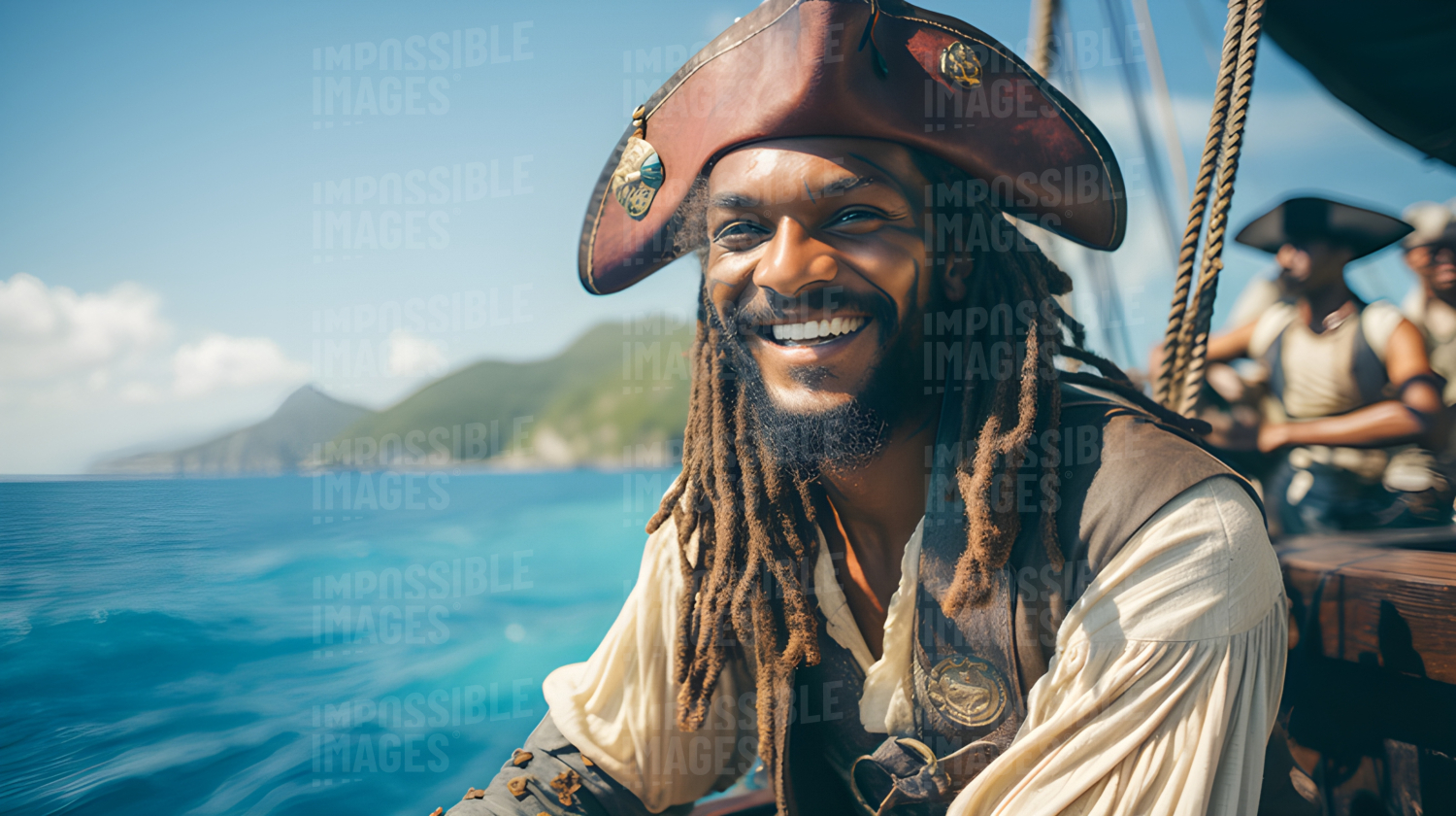 Smiling West Indian pirate aboard ship in the Caribbean