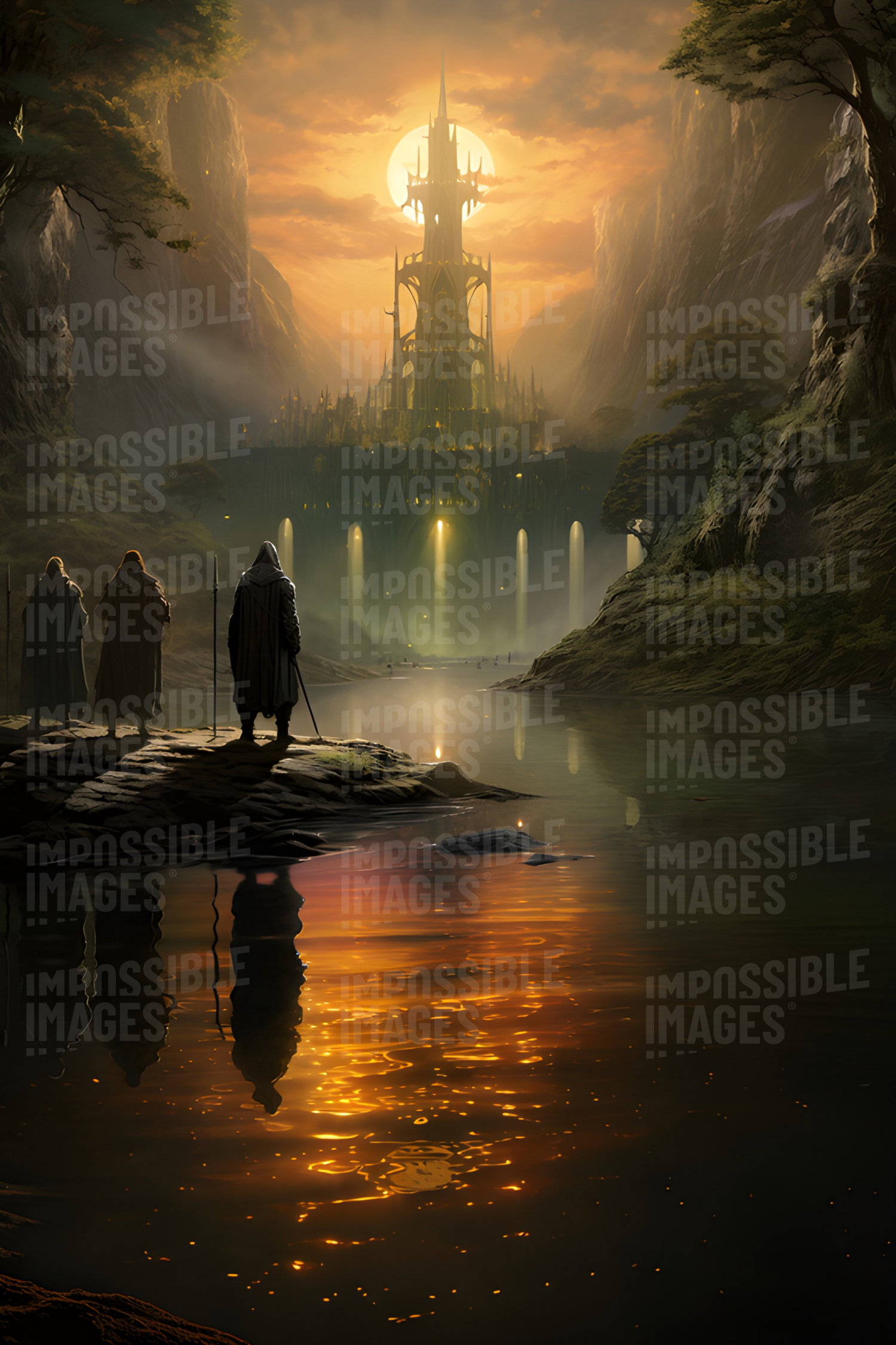 Fantasy concept art painting depicting three cloaked travellers looking at an amazing alien building facing them across a lake against a dramatic sunset