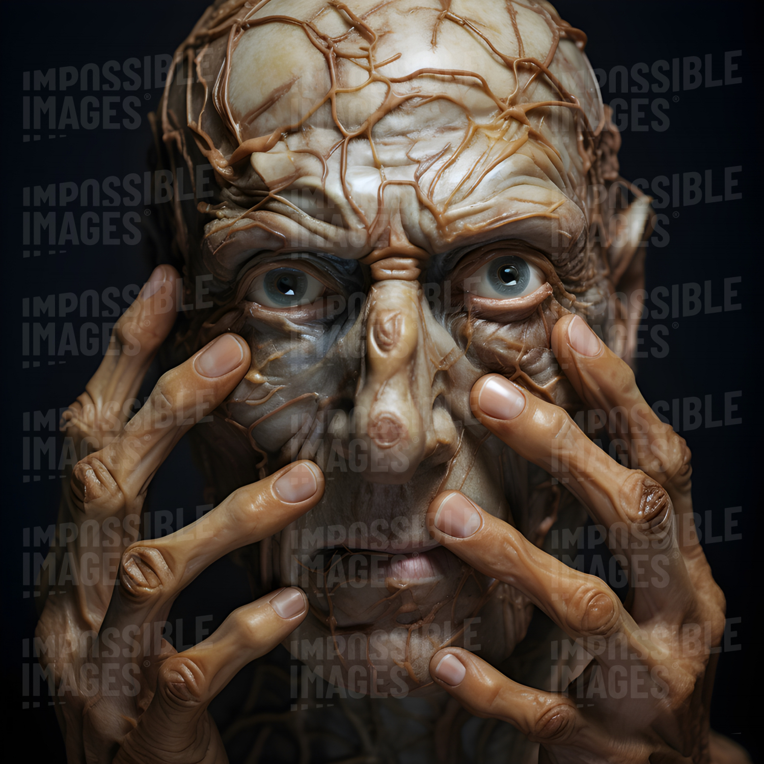 Freaky human face with weird veiny skin held between his hands