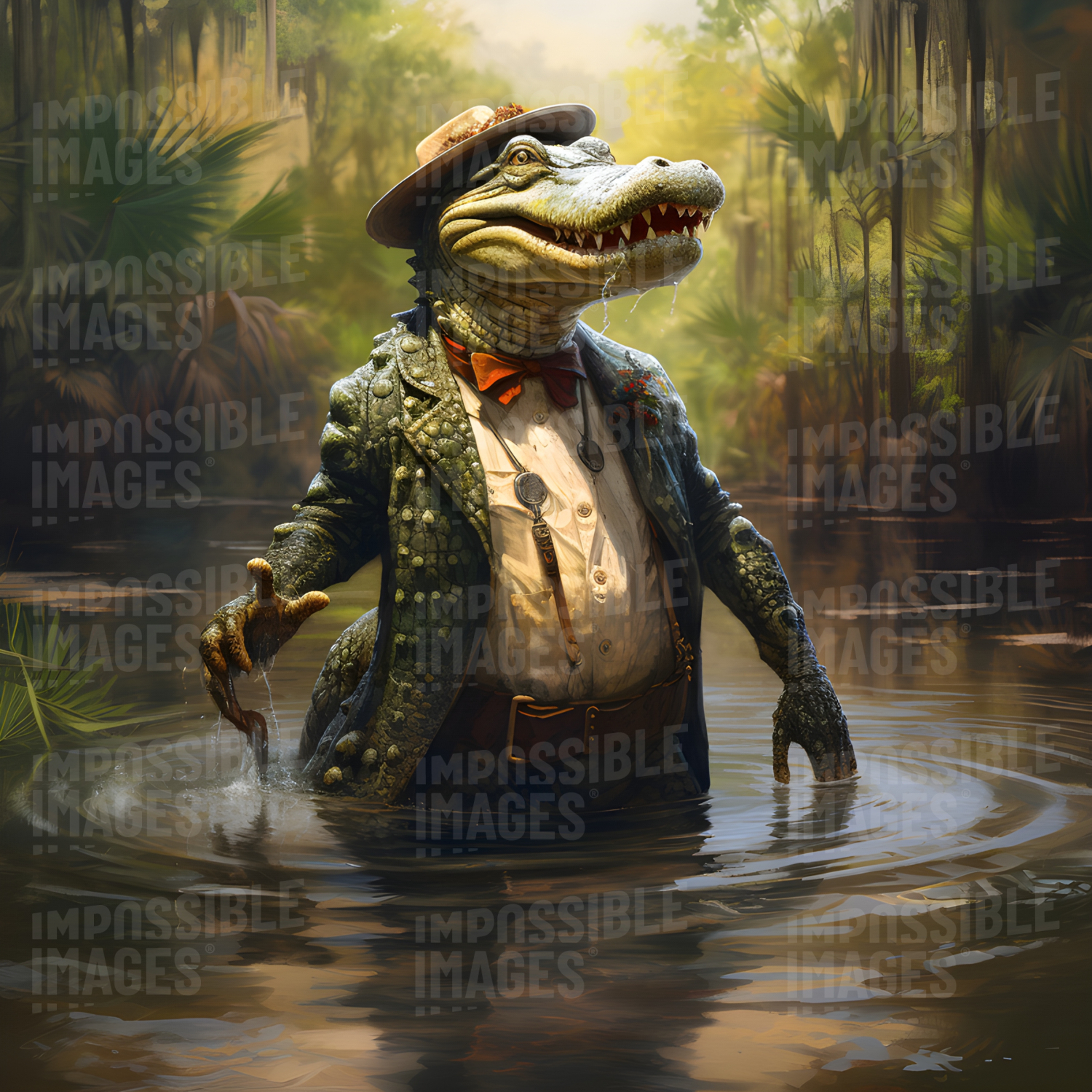 Stylishly-dressed anthropomorphic alligator wading through the bayou -  A stylishly-dressed anthropomorphic alligator wades through the murky bayou, its long tail swaying gracefully in the water.