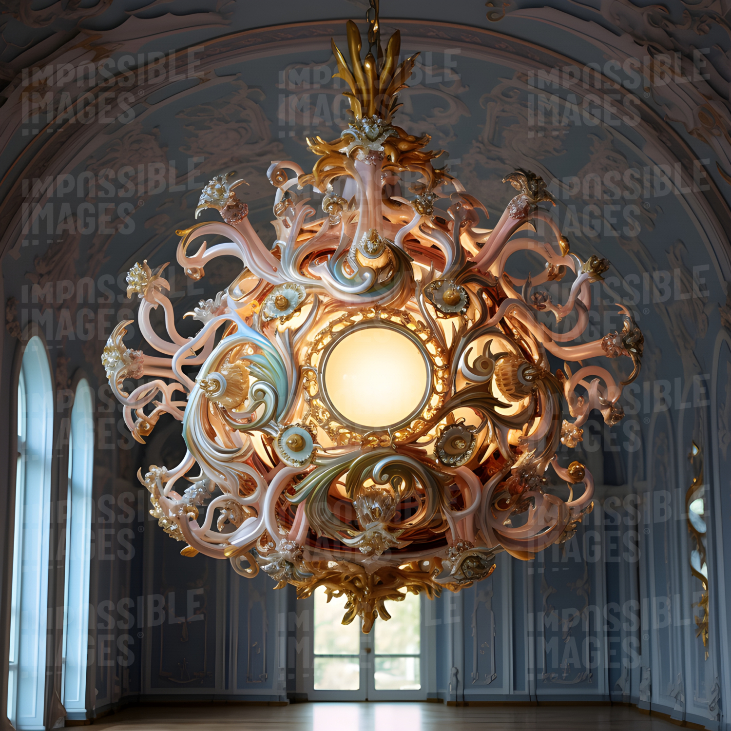 Huge bizarrely ornate organic looking chandelier hanging in the halway of a stately home