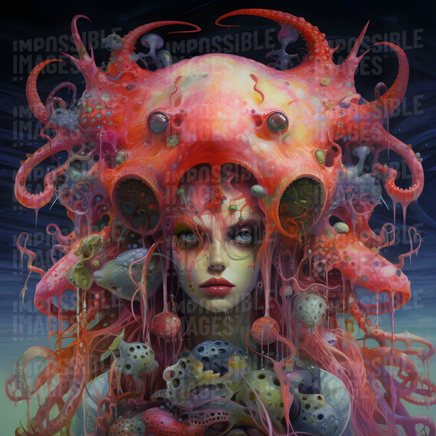 Conceptual image of a woman with an octopus-like helmet