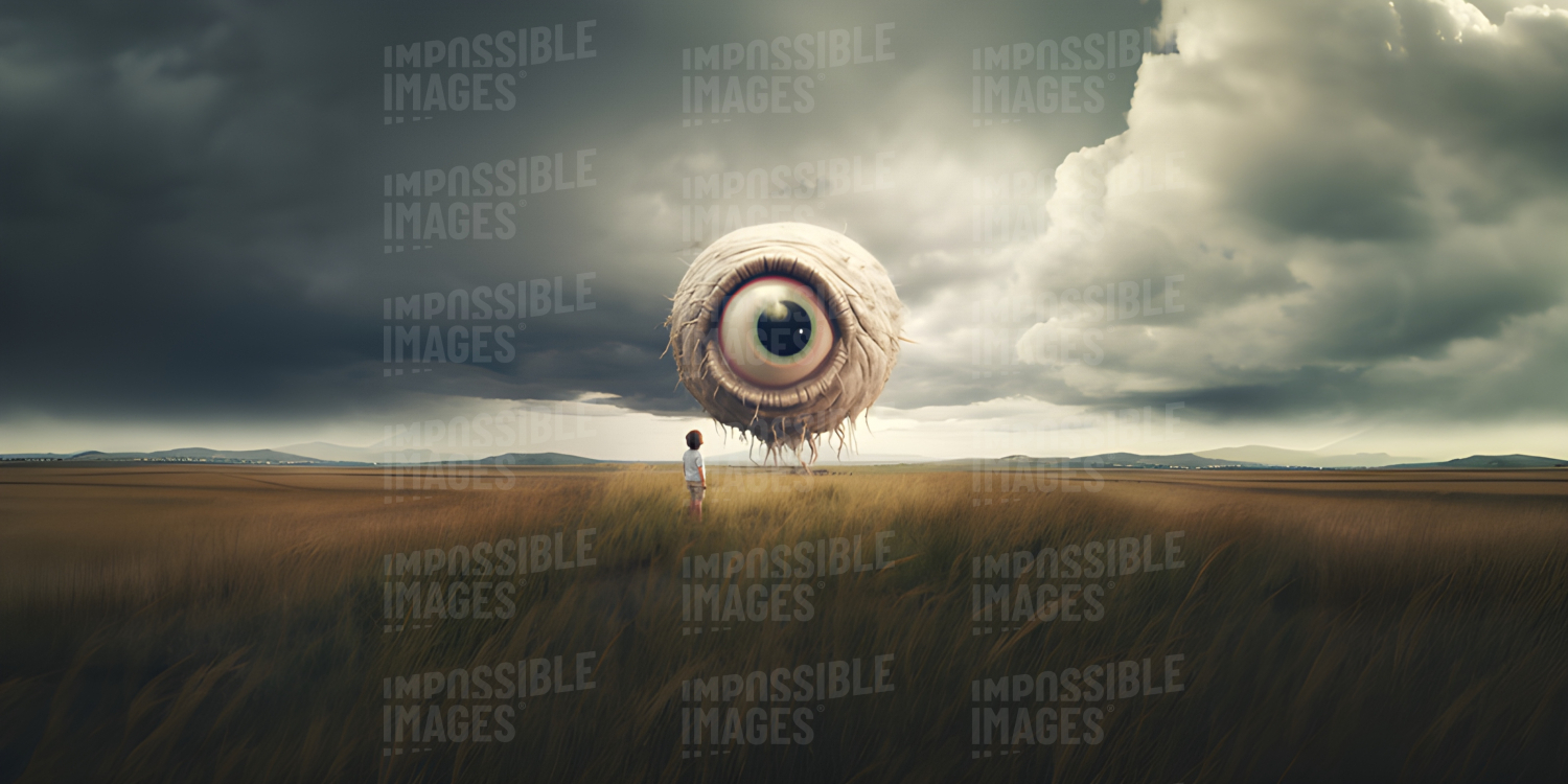 An organic root-like giant eyeball floats above a grass field, observed by a small child nearby.