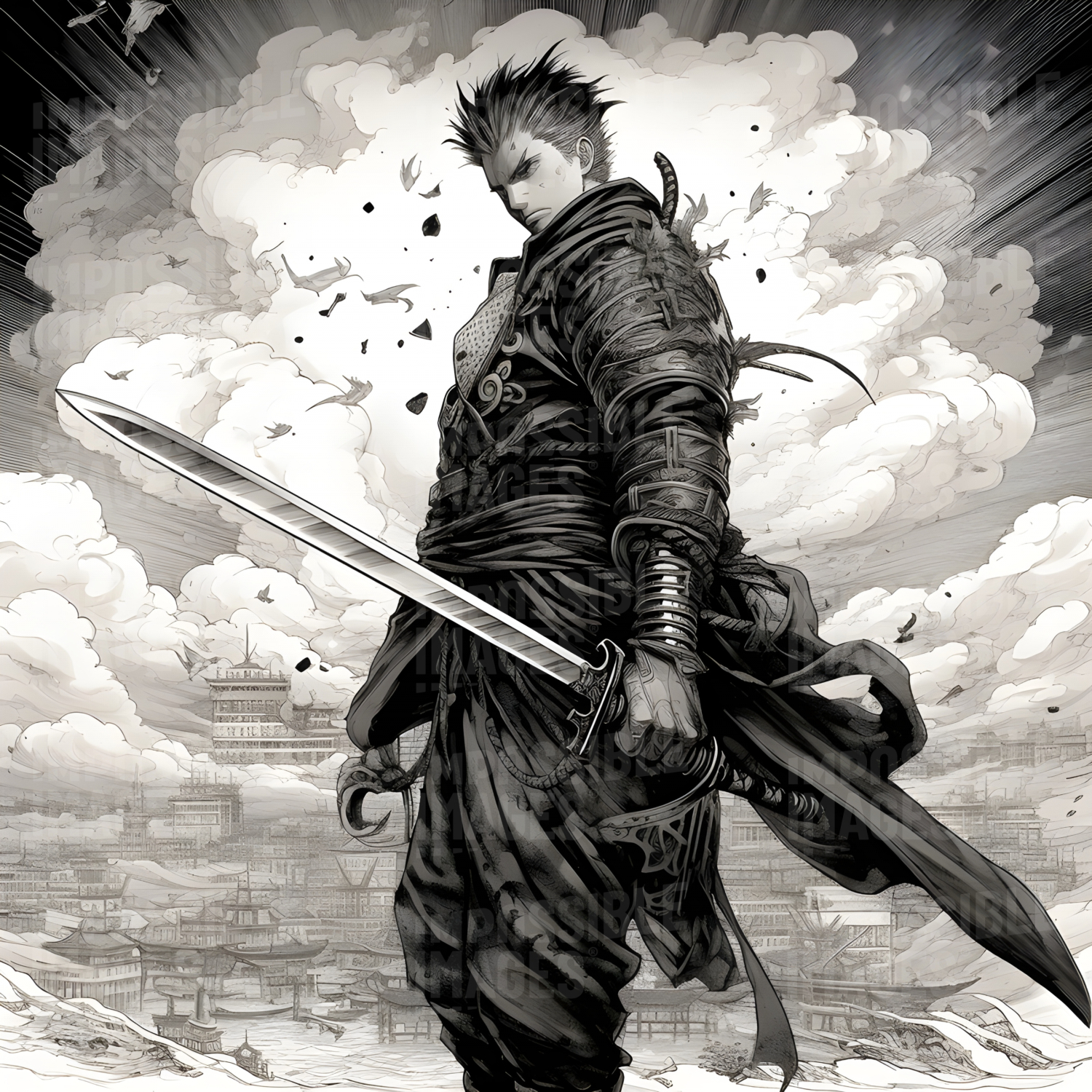 Black and white illustration of a fantasy manga swordsman -  A black and white illustration of a fantasy manga swordsman, with a long sword in hand, wearing a cape and a determined expression.
