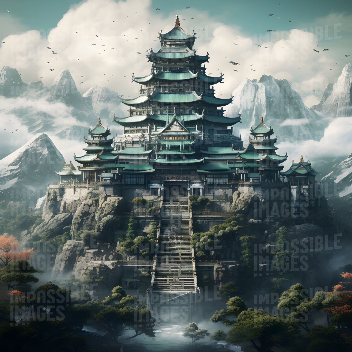 Concept art of a fantastic traditional Japanese fortress in the mountains