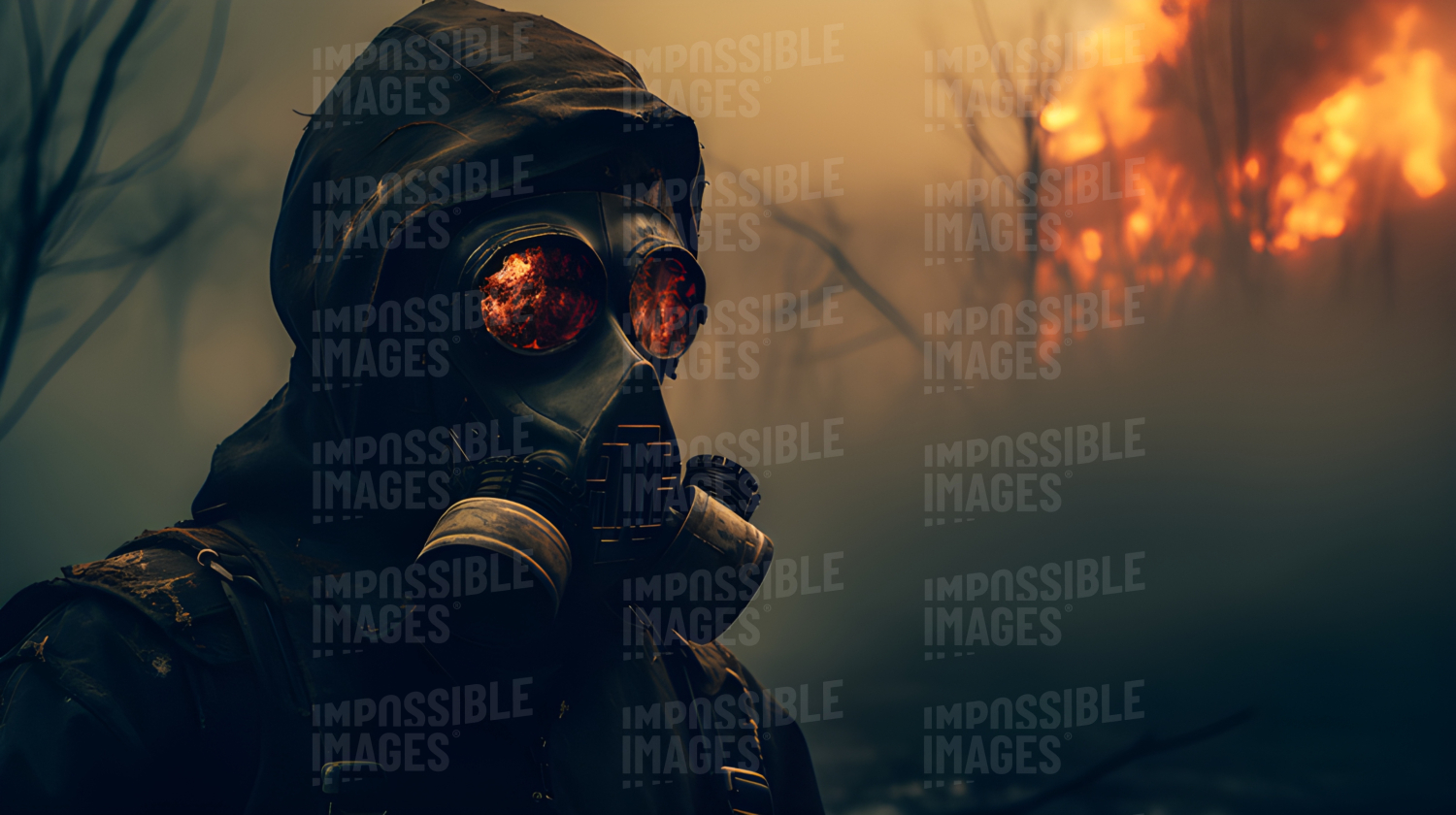 Person wearing a gas mask and protective clothing in a burning post-apocalyptic landscape - 
