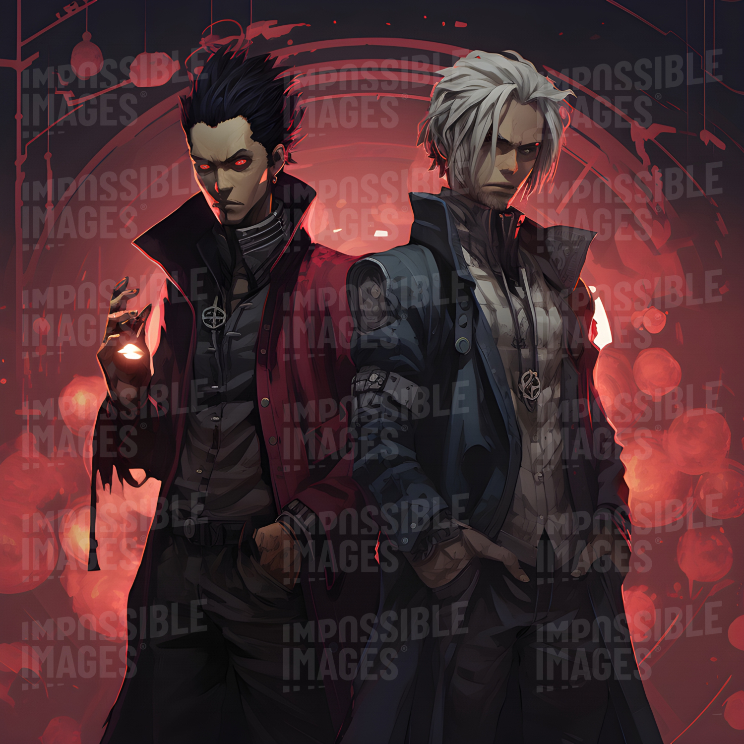 A duo of anime style sinister sorcerers -  Two mysterious anime-style sorcerers, shrouded in darkness, wield powerful magic and seek to control the world. Their motives remain unknown, but their power is undeniable.