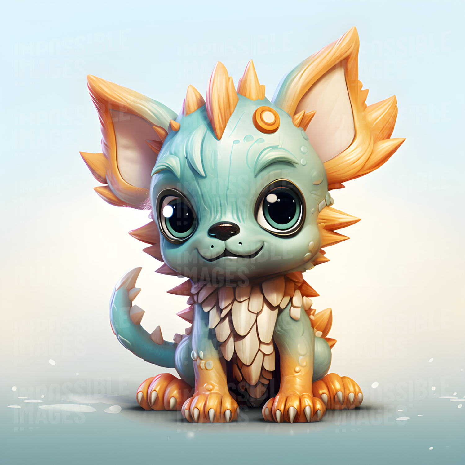 Painting of a cute reptillian kaiju puppy -  A painting of a small, cute reptilian creature resembling a puppy, with a large head and small body.