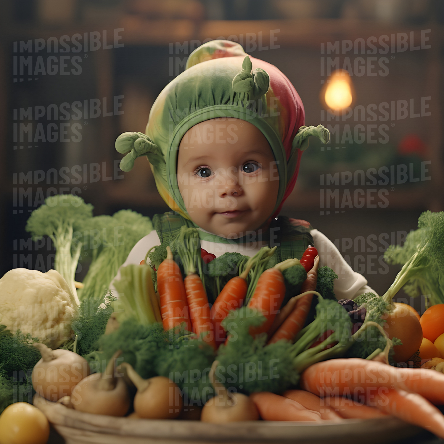 Baby dressed up in a basket of vegetables