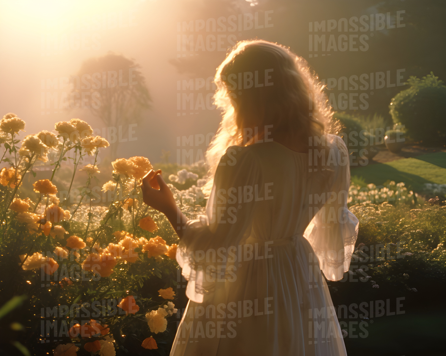 A woman picking flowers in a meadow during sunset
