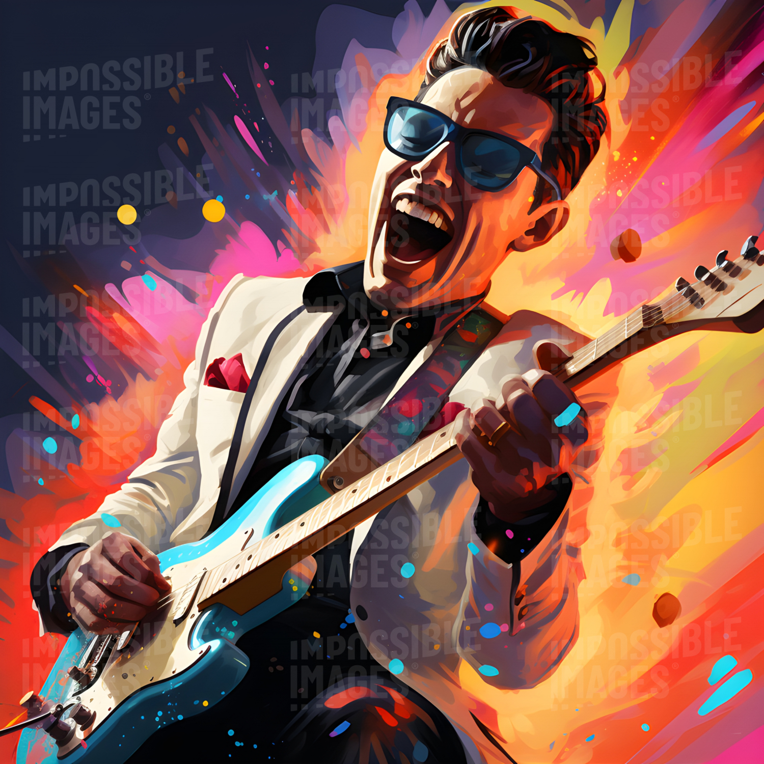 Colourful painting of a 1960s rock ‘n’ roll guitarist - 